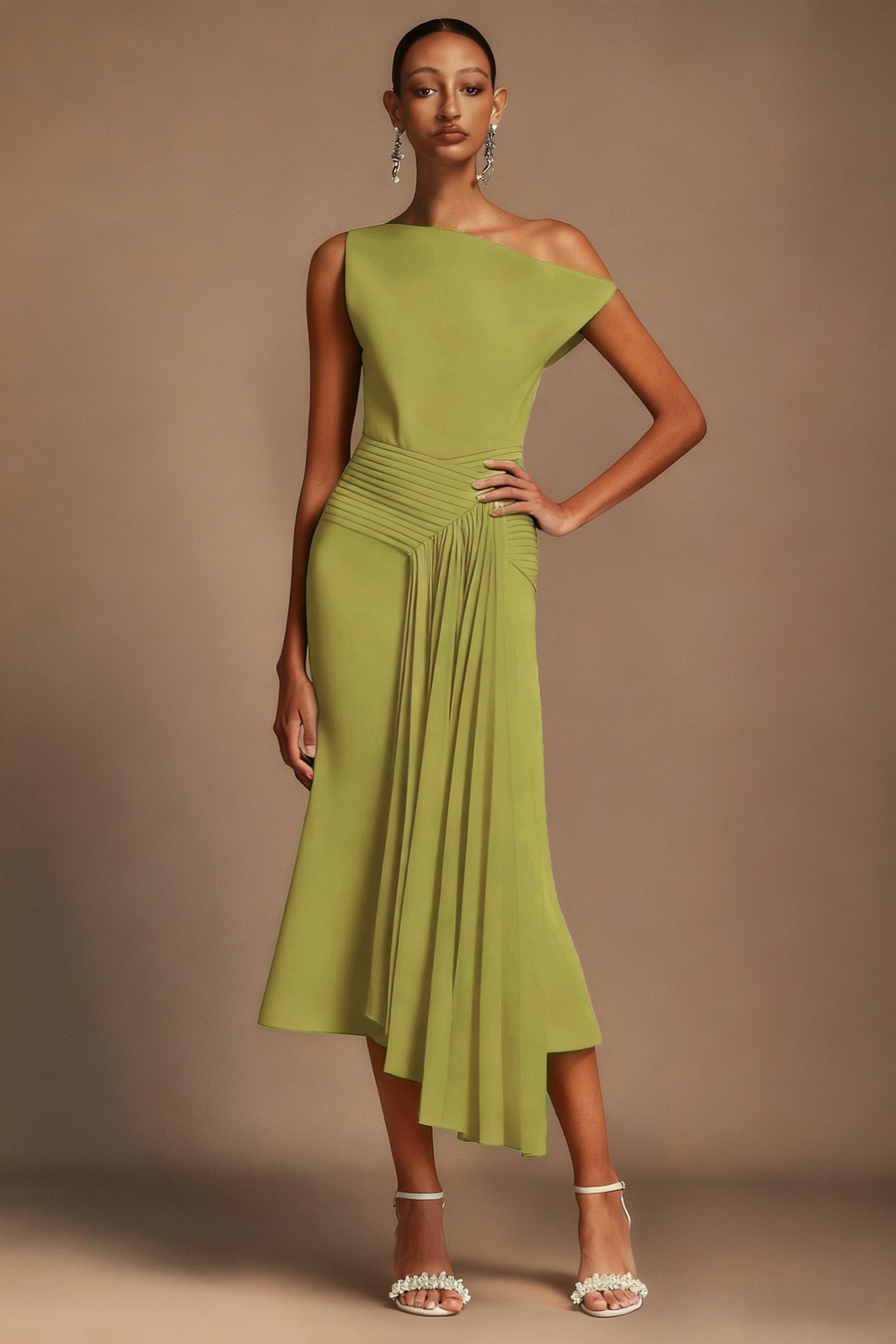 Paulina Oblique Shoulder Sleeveless Folds Mustard Midi Dress