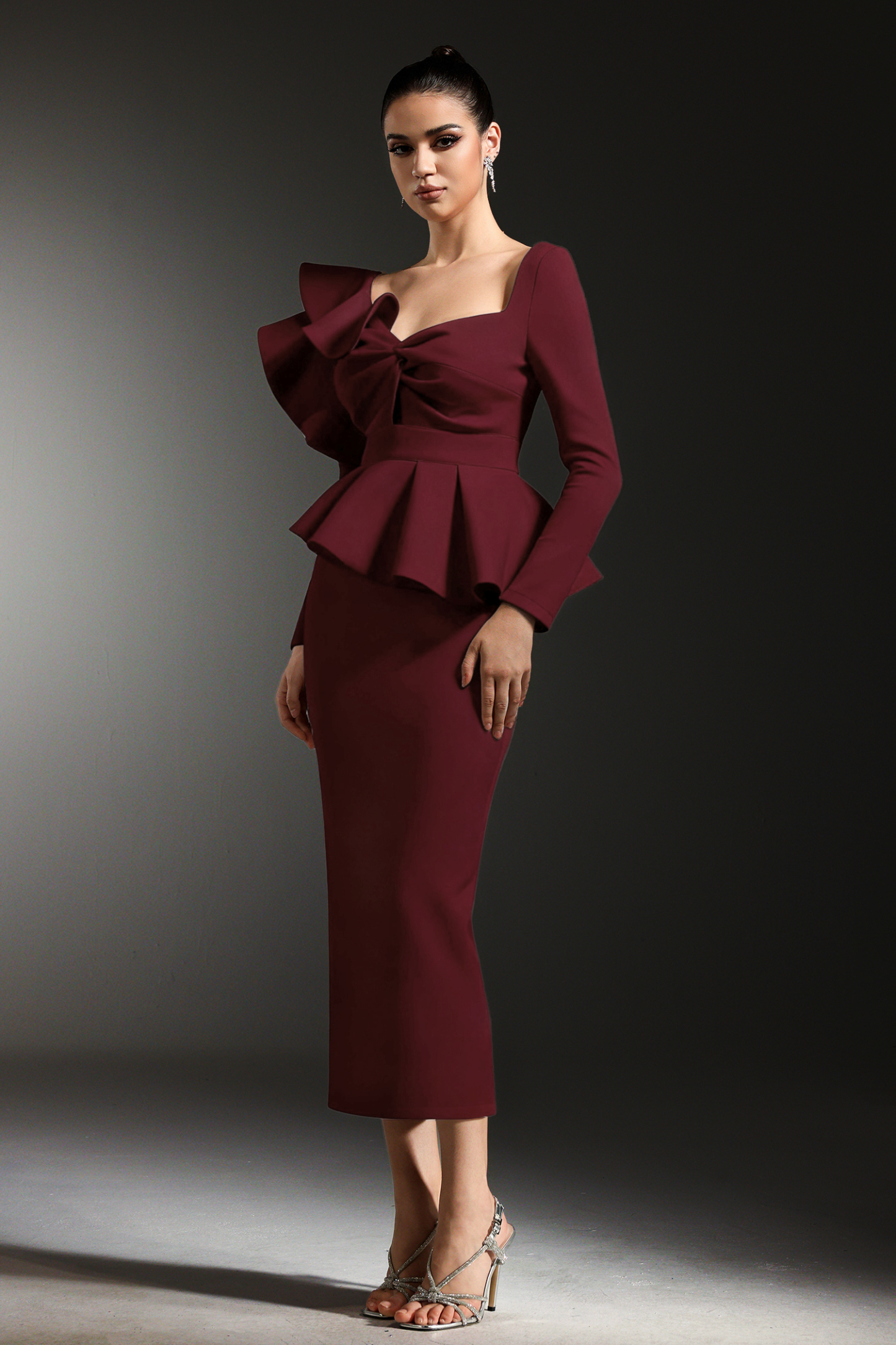 Faray Ruffled Long Sleeves Red Maxi Dress