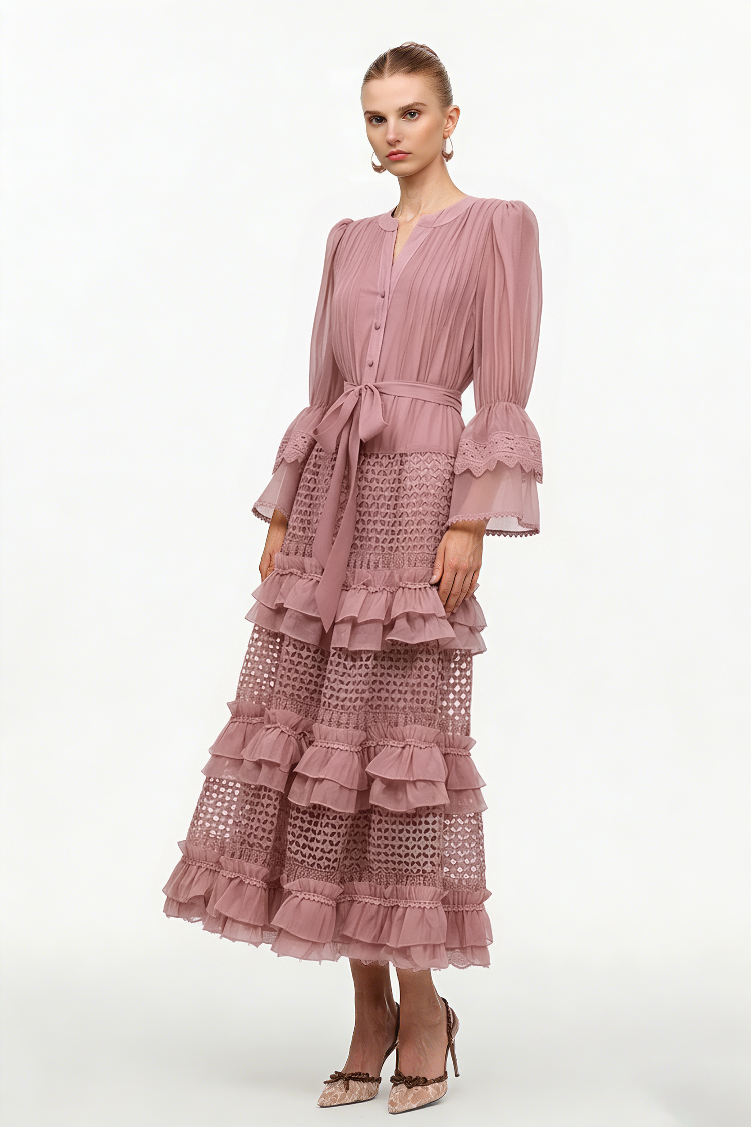 Hakula Resort Flowy Long Sleeve Falbala Pink Lace Woven Maxi Dress