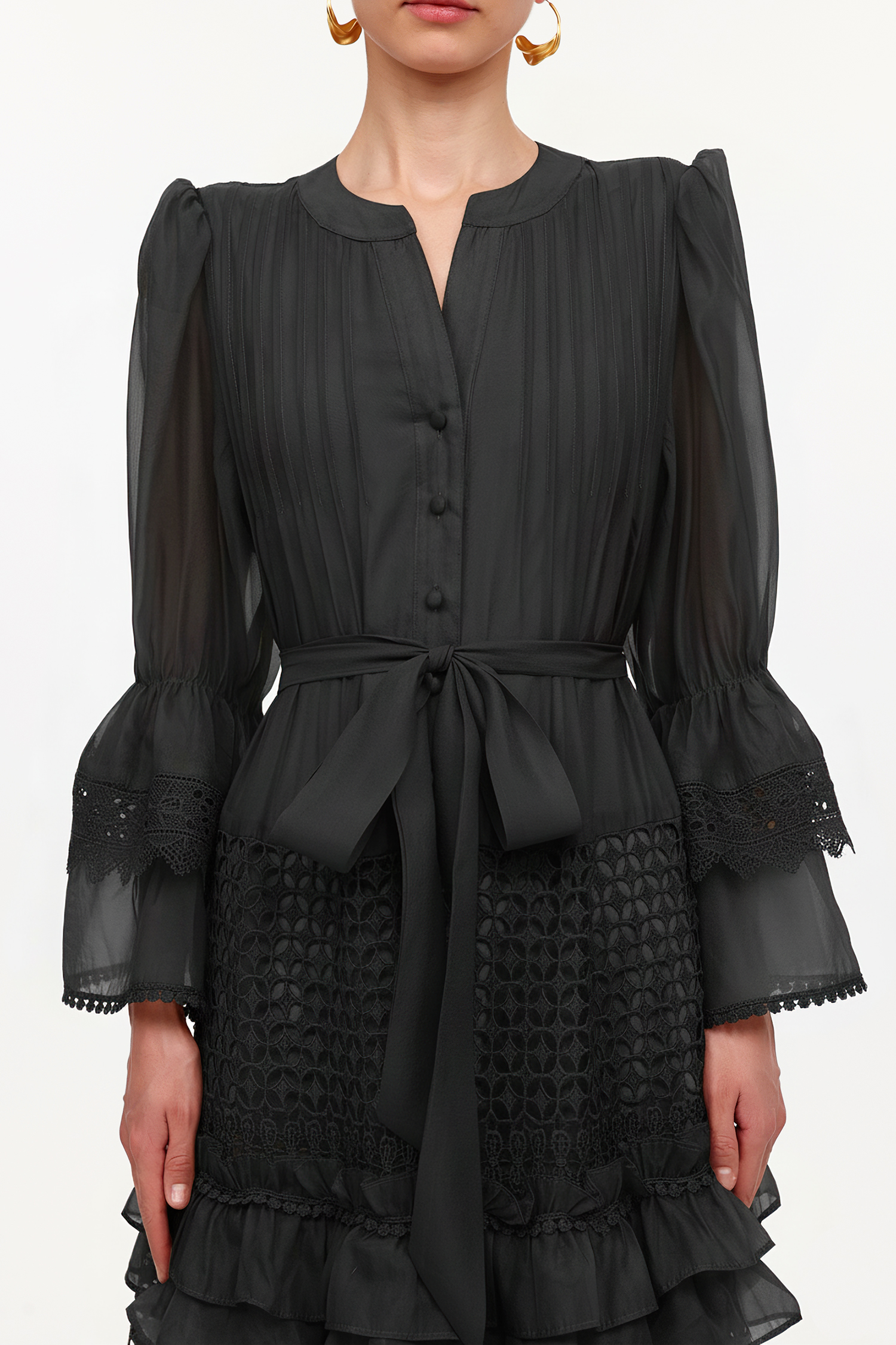 Hakula Resort Flowy Long Sleeve Falbala Black Lace Woven Maxi Dress