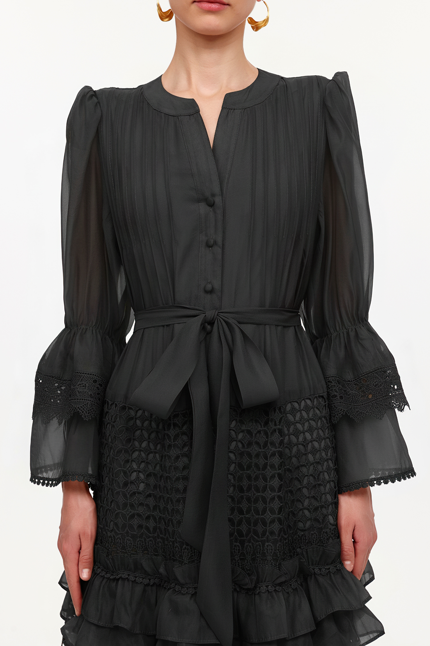 Hakula Resort Flowy Long Sleeve Falbala Black Lace Woven Maxi Dress