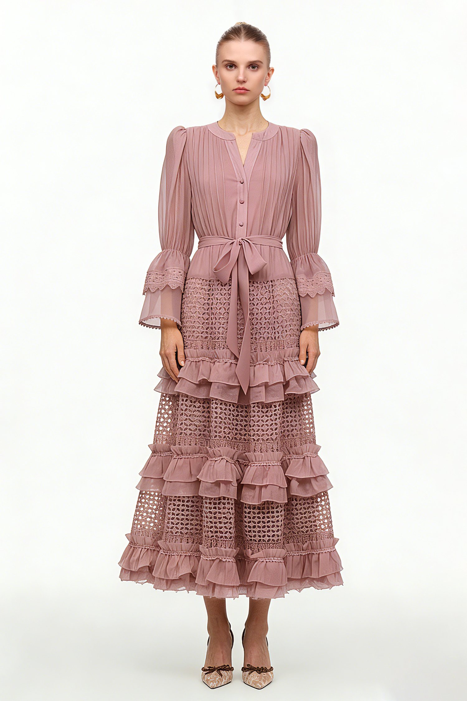 Hakula Resort Flowy Long Sleeve Falbala Pink Lace Woven Maxi Dress
