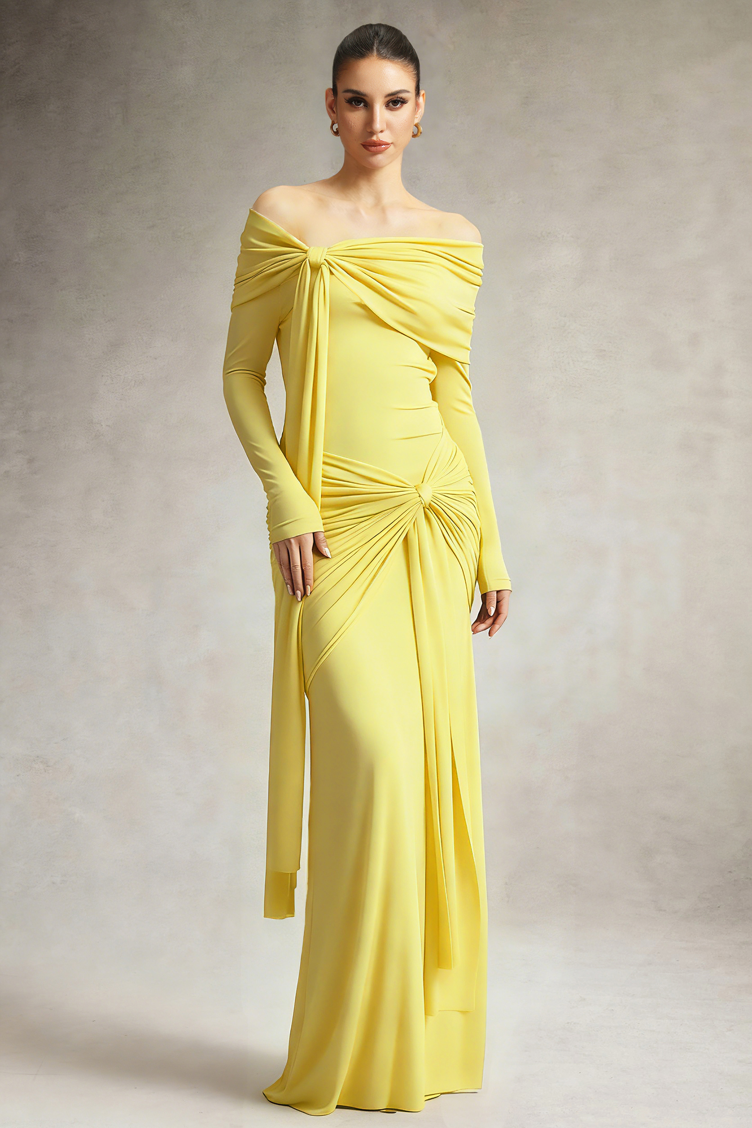 Jillian Off Shoulder Long Sleeve Ruched Yellow Maxi Dress