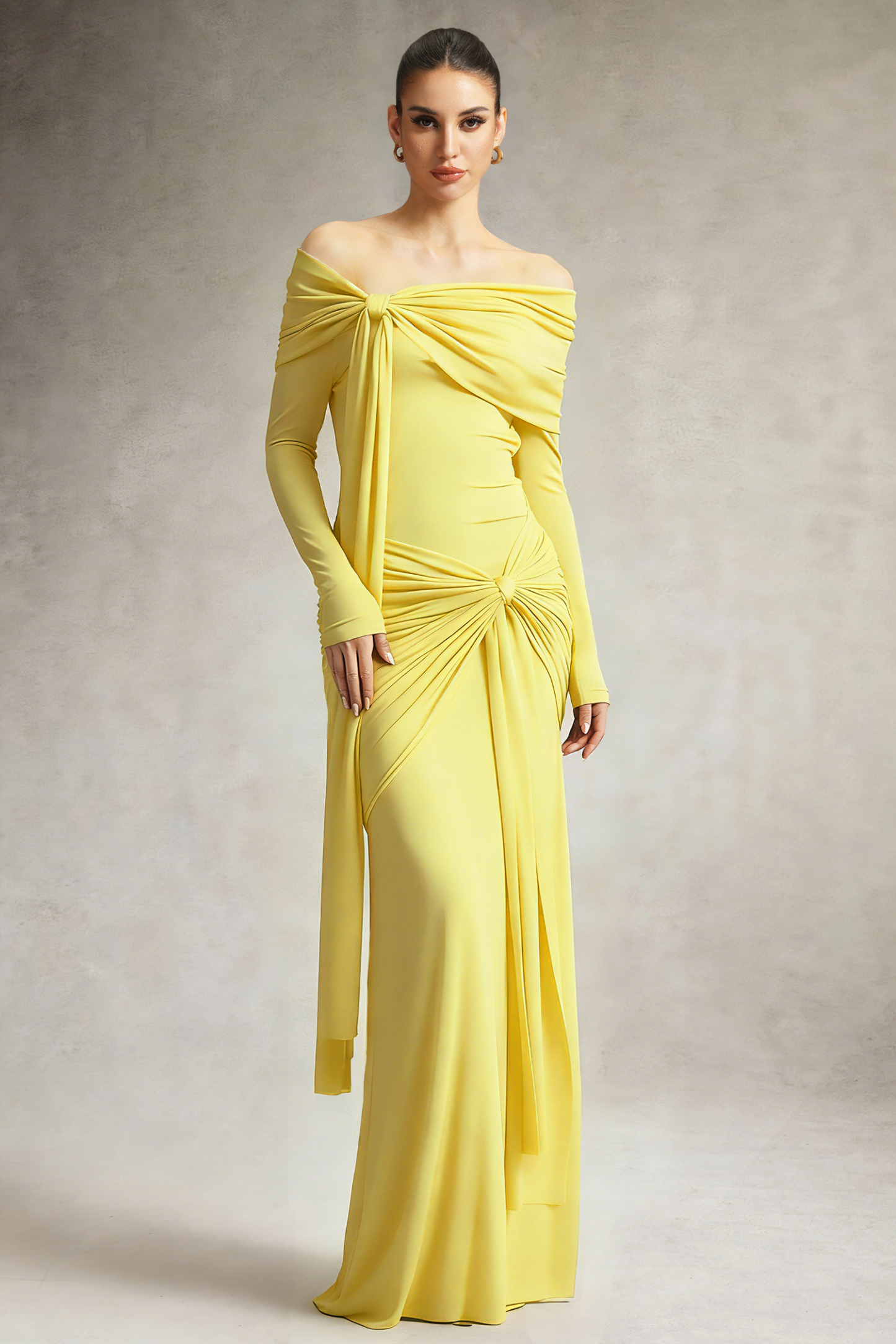 Jillian Off Shoulder Long Sleeve Ruched Yellow Maxi Dress