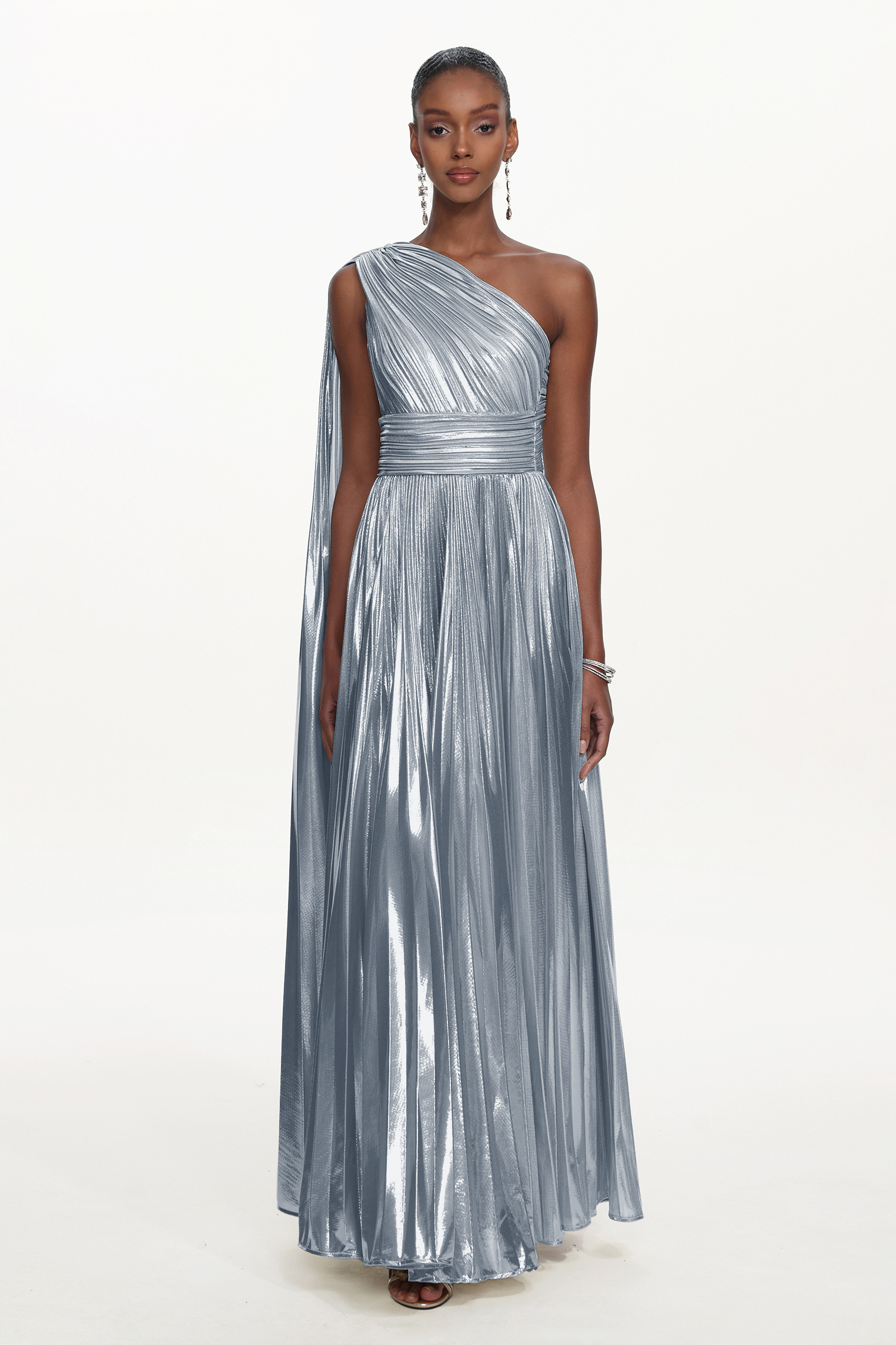 Leyla Glamorous Contour One Shoulder Drape Pleated Metallic Silver Maxi Dress