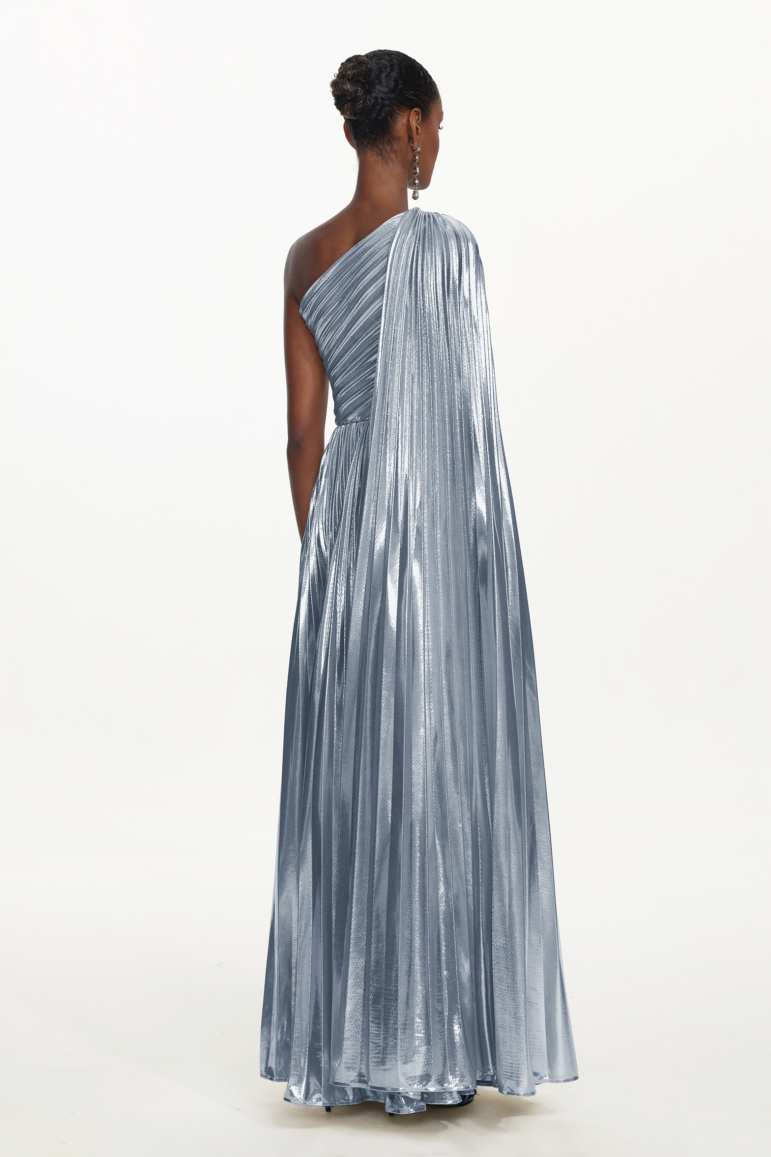 Leyla Glamorous Contour One Shoulder Drape Pleated Metallic Silver Maxi Dress