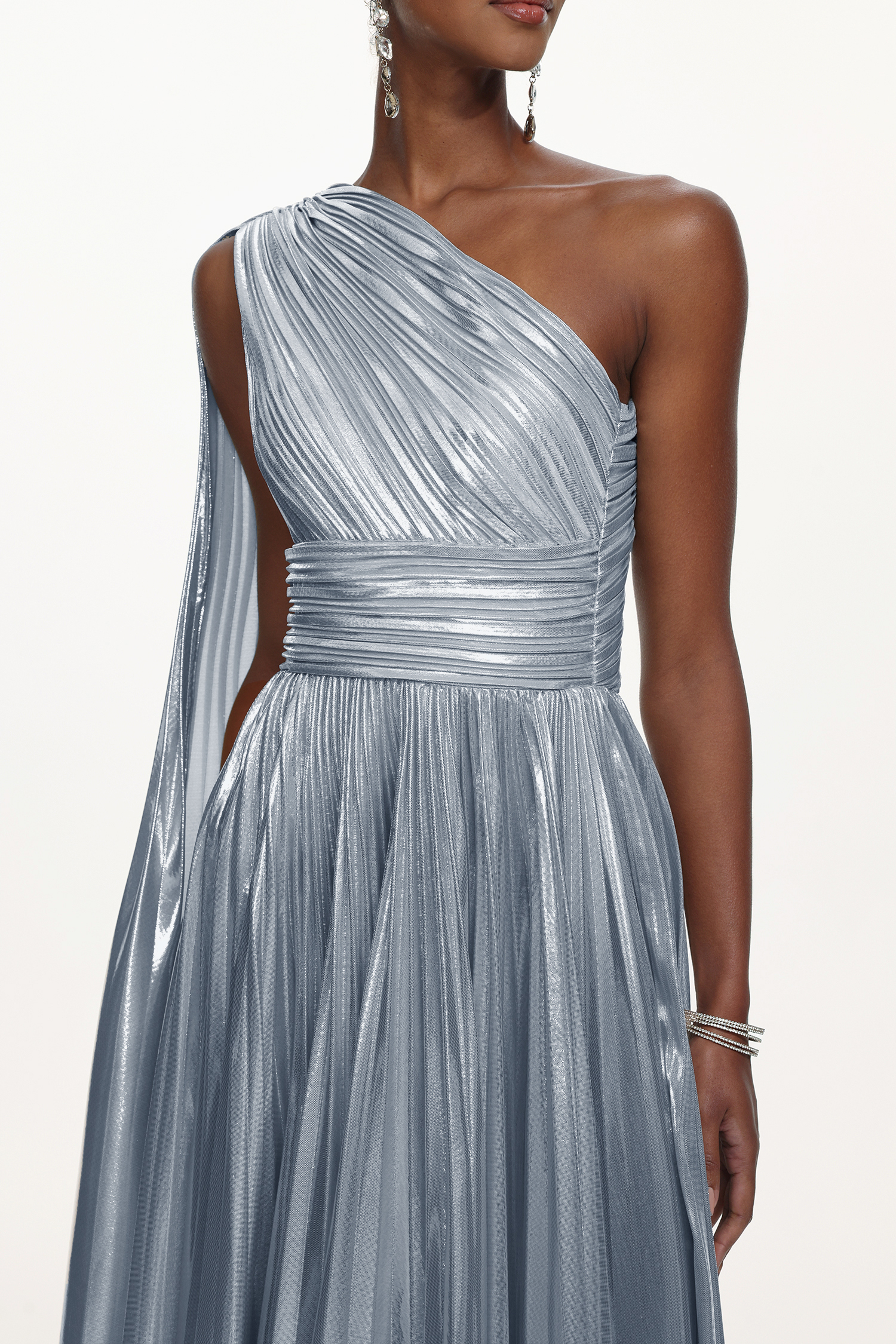 Leyla Glamorous Contour One Shoulder Drape Pleated Metallic Silver Maxi Dress