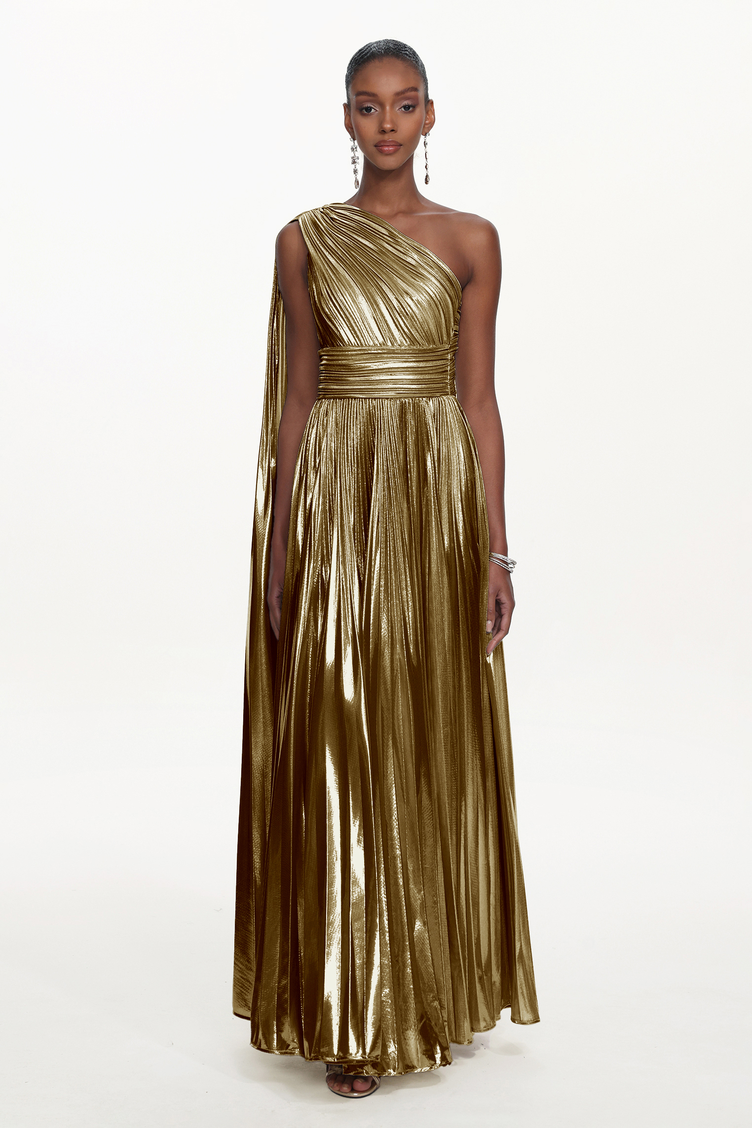 Leyla Glamorous Contour One Shoulder Drape Pleated Metallic Gold Maxi Dress