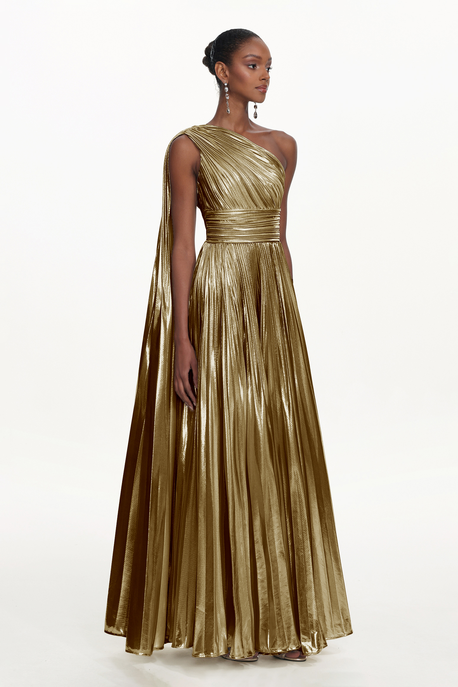Leyla Glamorous Contour One Shoulder Drape Pleated Metallic Gold Maxi Dress