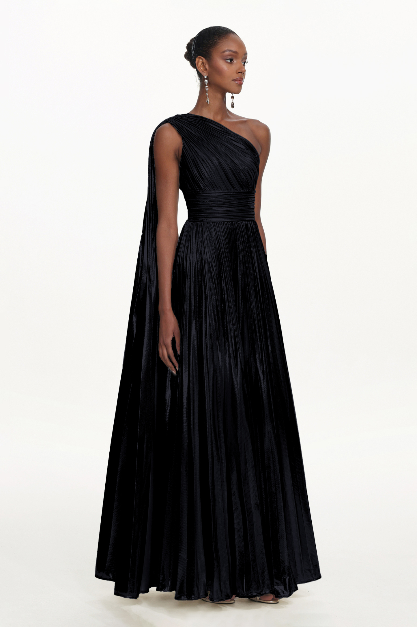 Leyla Glamorous Contour One Shoulder Drape Pleated Metallic Black Maxi Dress