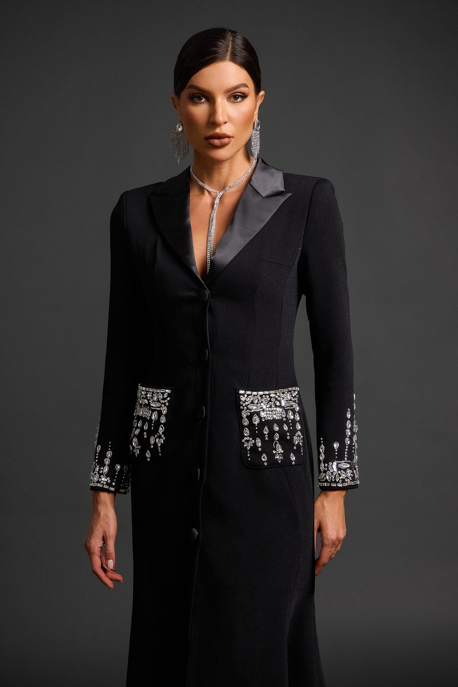 Eren Deep-V Diamond Suit High Slit Maxi Dress