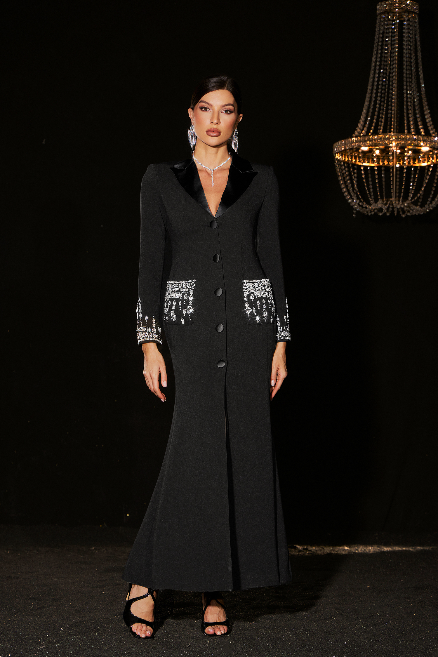 Eren Deep-V Diamond Suit High Slit Maxi Dress