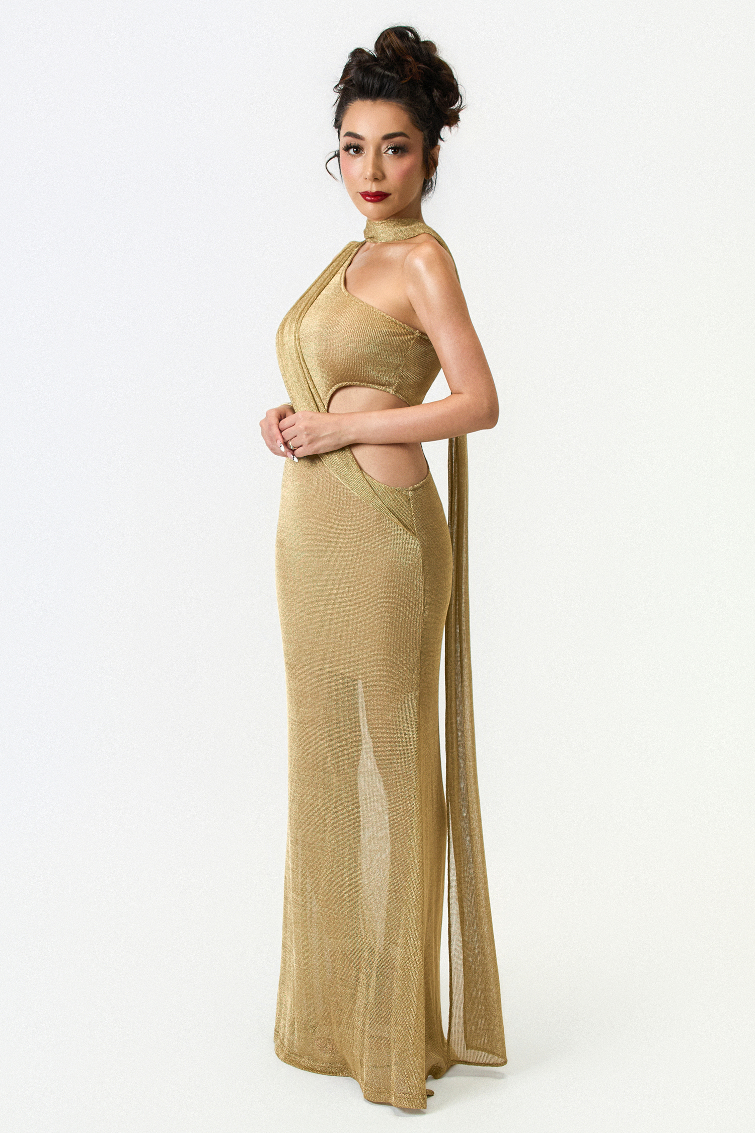 Hutuny Elegant Cinched One Shoulder Cut Out Gold Metallic Knit  Maxi Dress