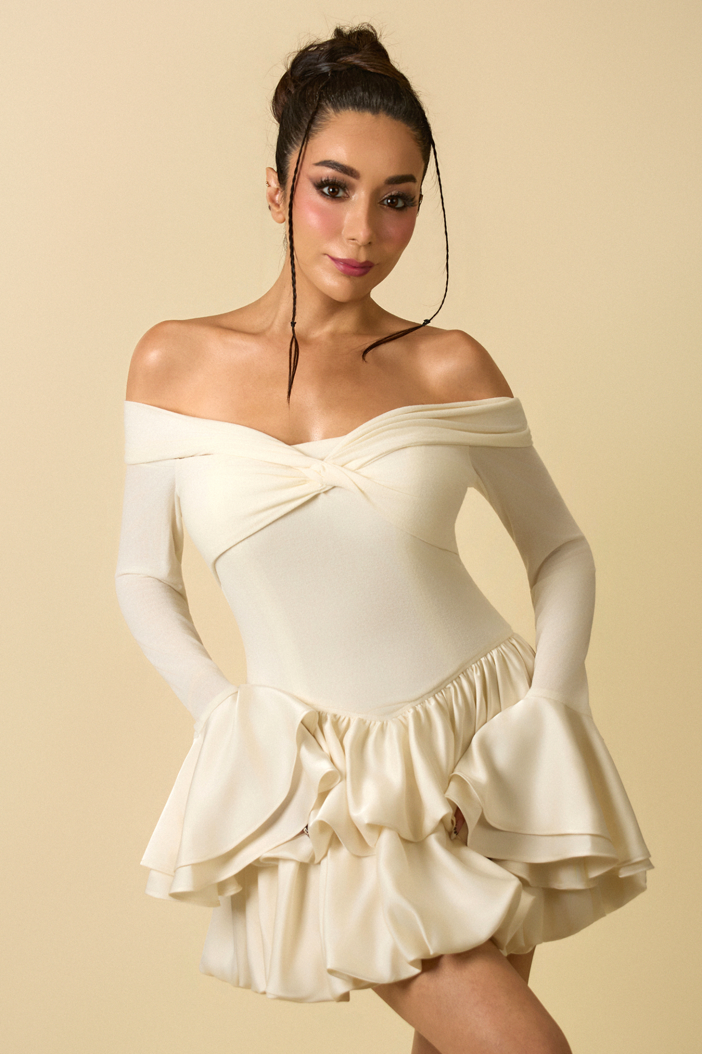 Jozie Elegant Contour Off Shoulder Long Sleeve Knot Ruffle Satin Knit Mini Dress