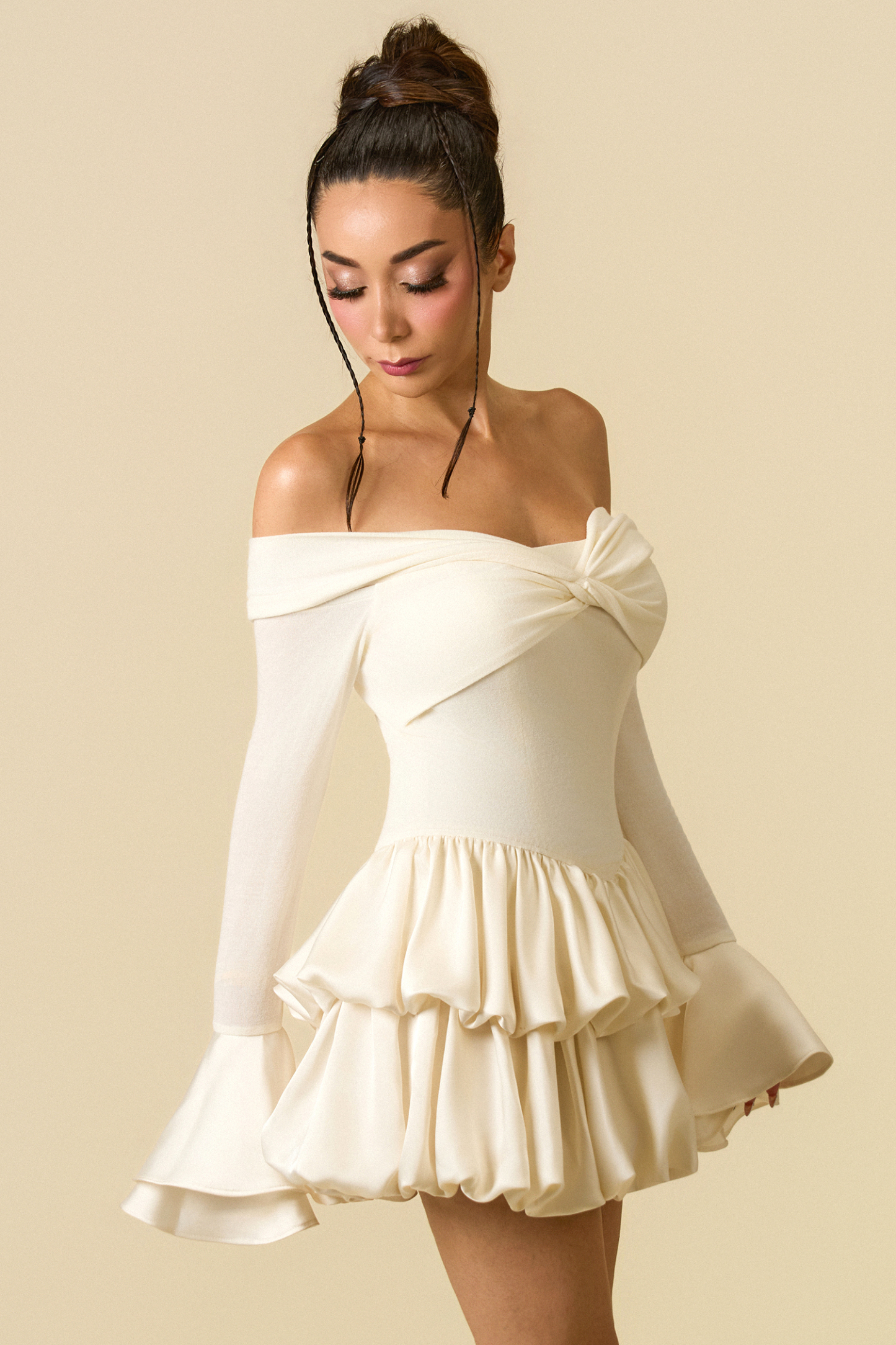 Jozie Elegant Contour Off Shoulder Long Sleeve Knot Ruffle Satin Knit Mini Dress