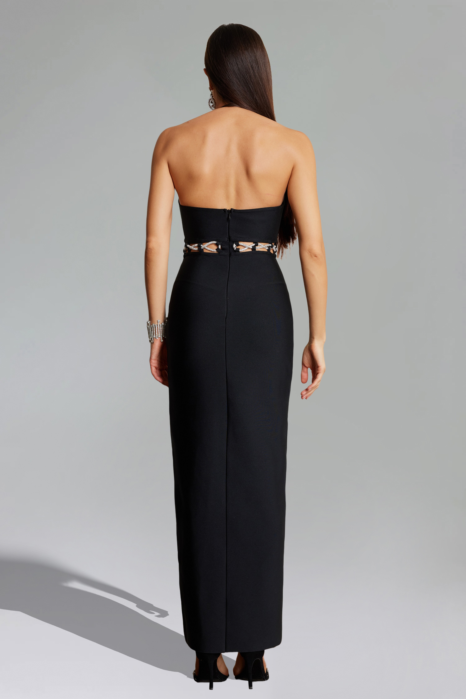 Joy Halter Diamante Chain Cut Out Midi Dress