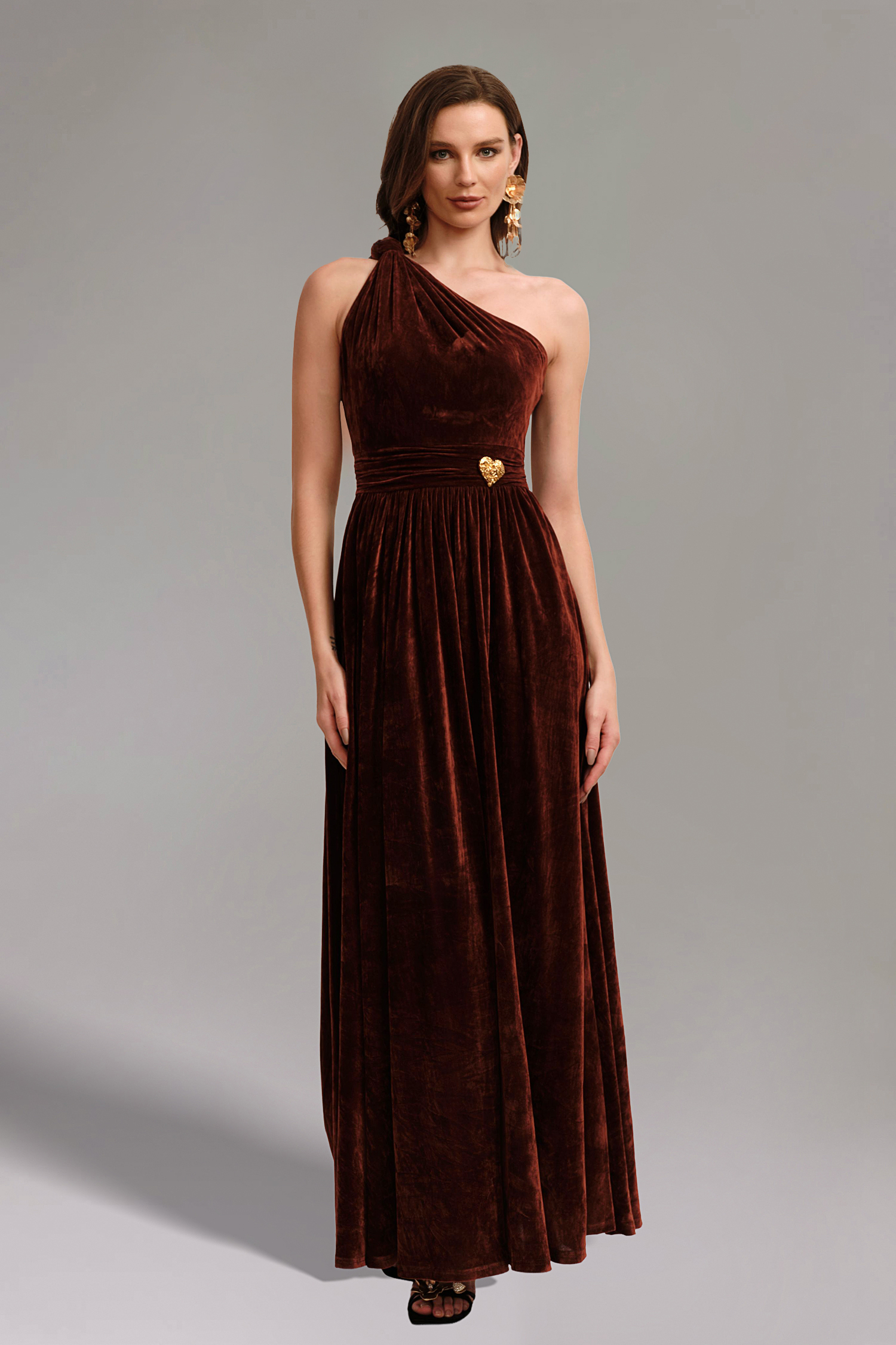 Tessy One Shoulder Maxi Dress - Brown