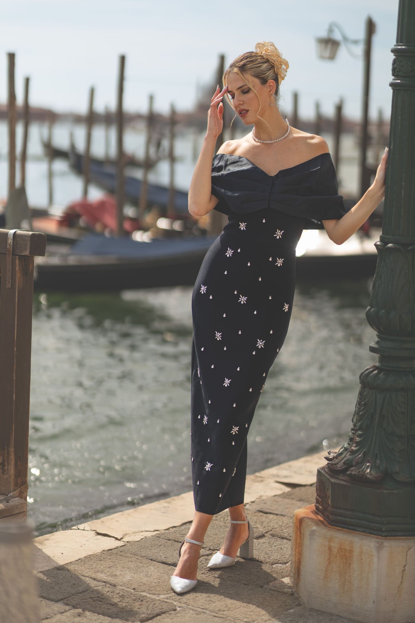 Soloma Off-the-Shoulder Diamond Maxi Dress