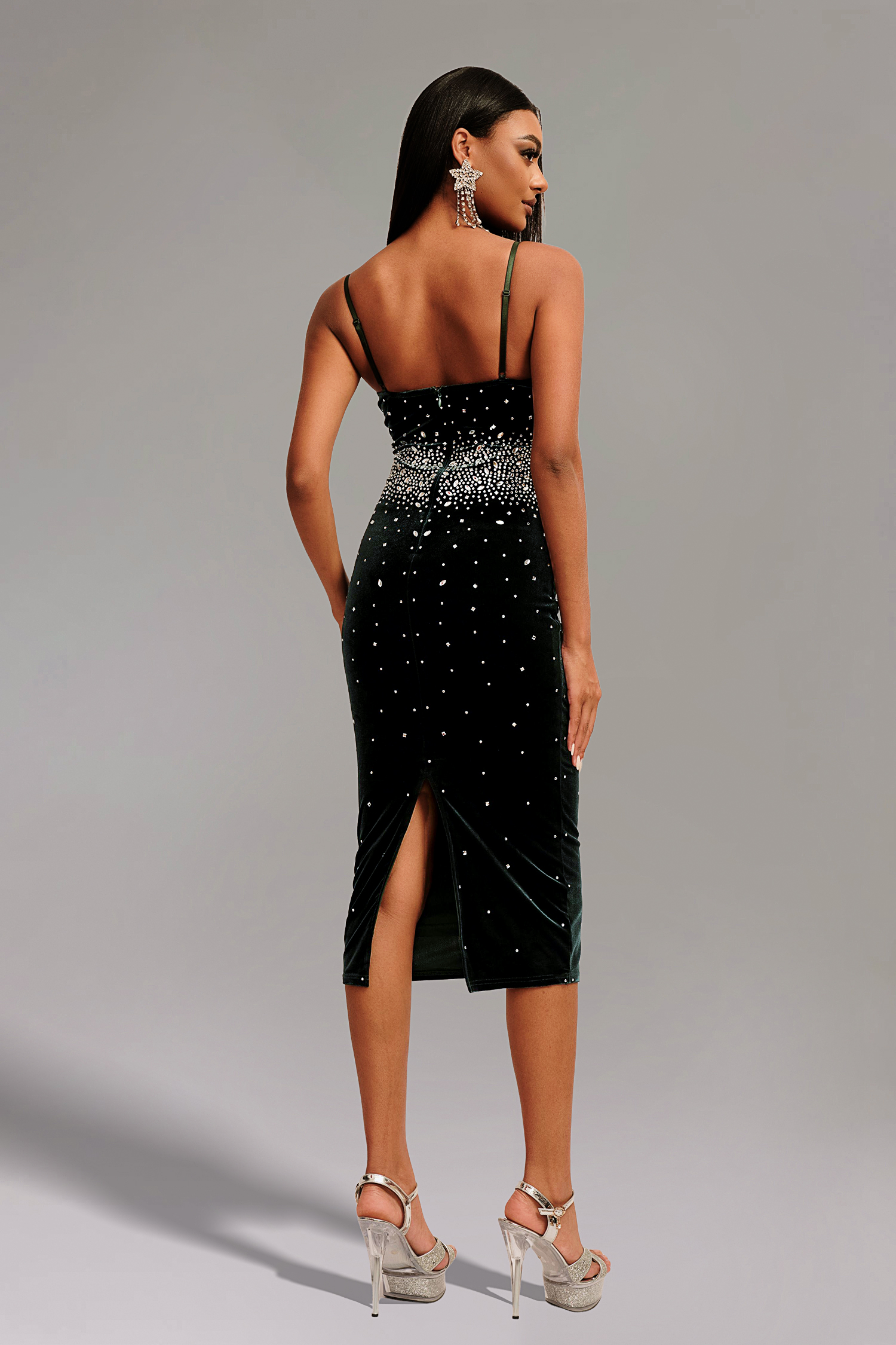 Lasa Corset Waist Rhinestone Midi Dress