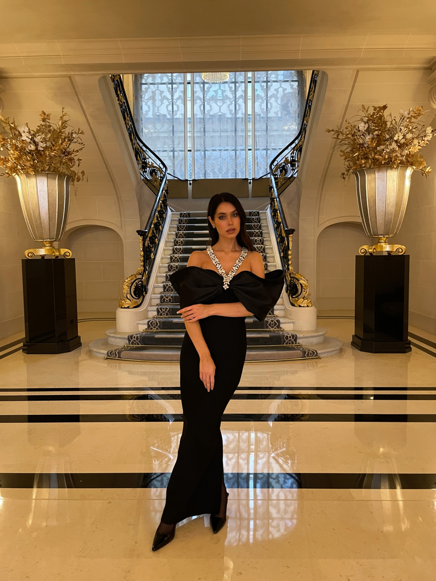 Sloan Halter Diamond Off-The-Shoulder Bandage Maxi Dress