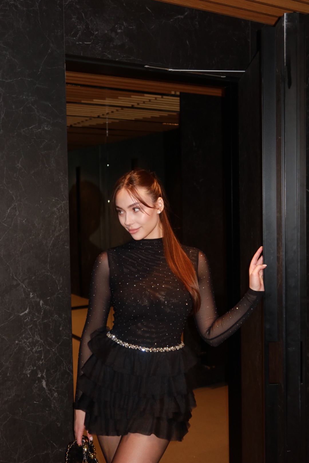 Kerta Classic Contour Crystal Ruffle Mesh Mini Dress