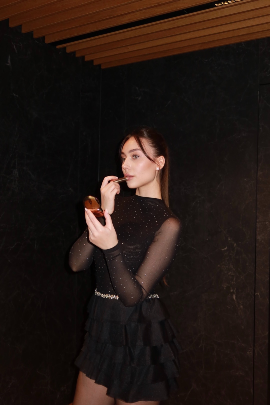 Kerta Classic Contour Crystal Ruffle Mesh Mini Dress