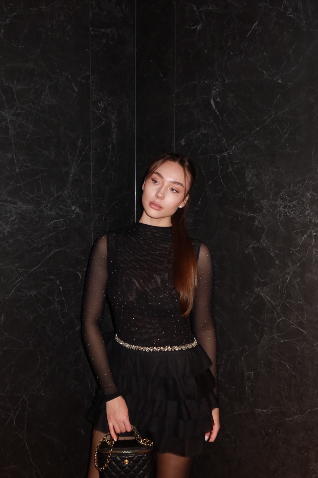 Kerta Classic Contour Crystal Ruffle Mesh Mini Dress