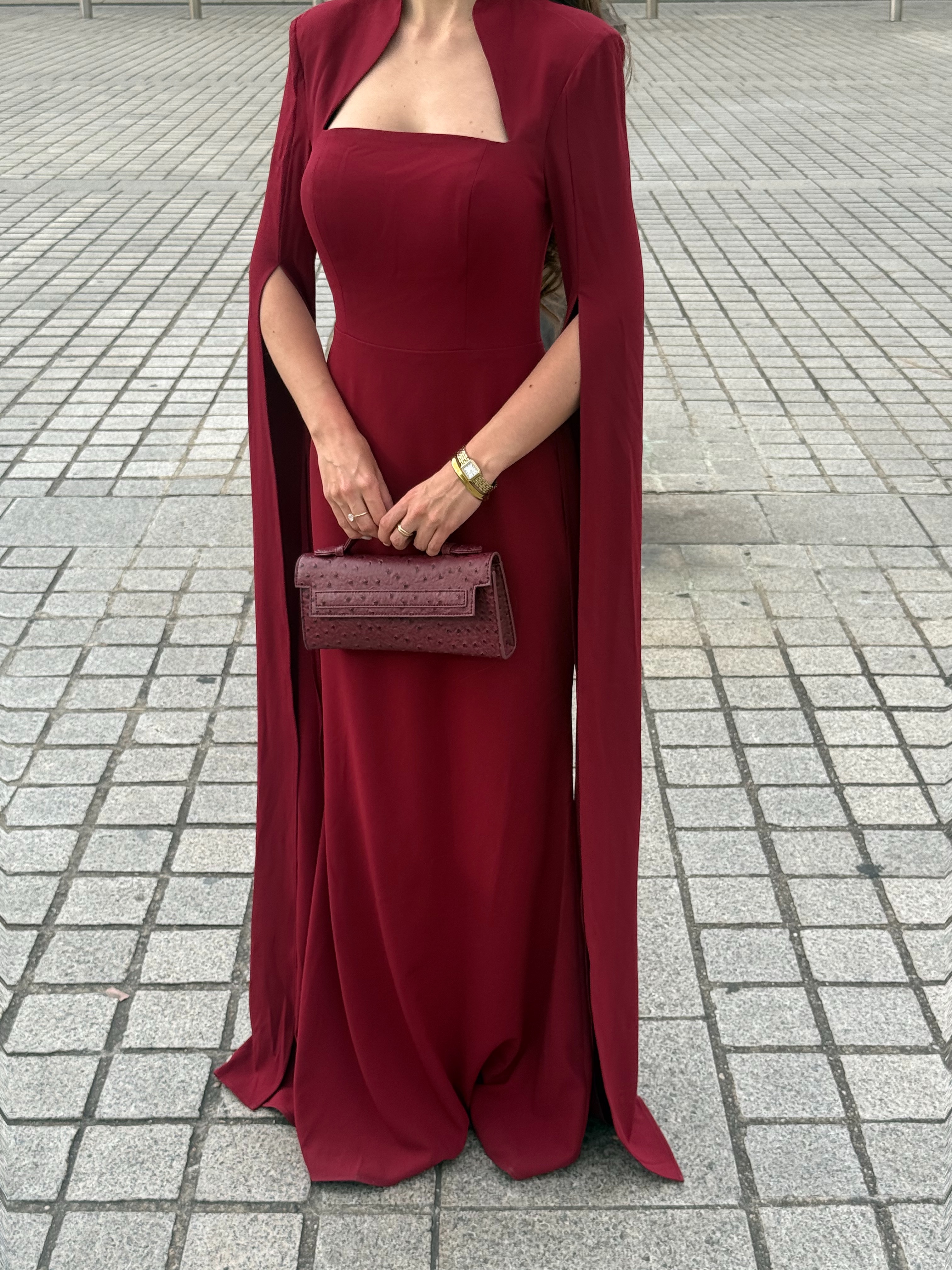 Werko Elegant Tailored Square Neck Cape Sleeve Woven Maxi Dress
