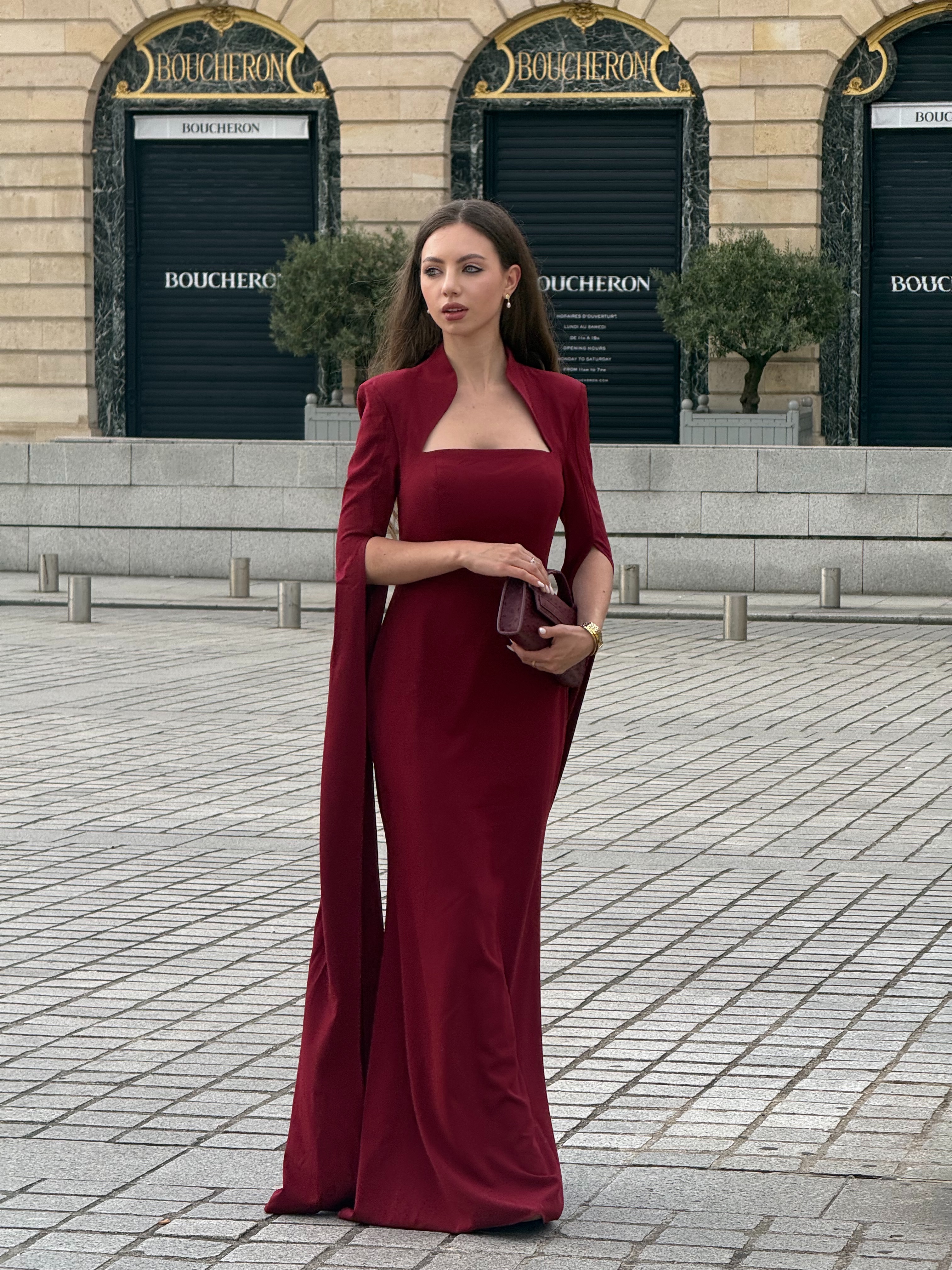 Werko Elegant Tailored Square Neck Cape Sleeve Woven Maxi Dress