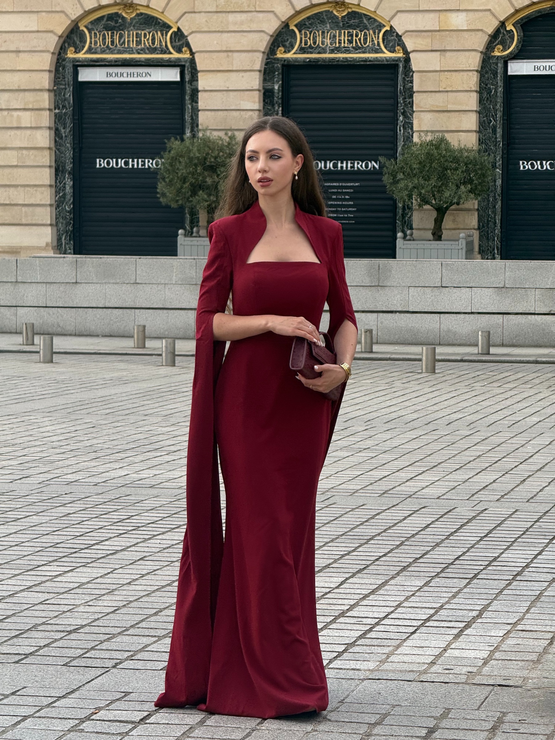 Werko Elegant Tailored Square Neck Cape Sleeve Woven Maxi Dress