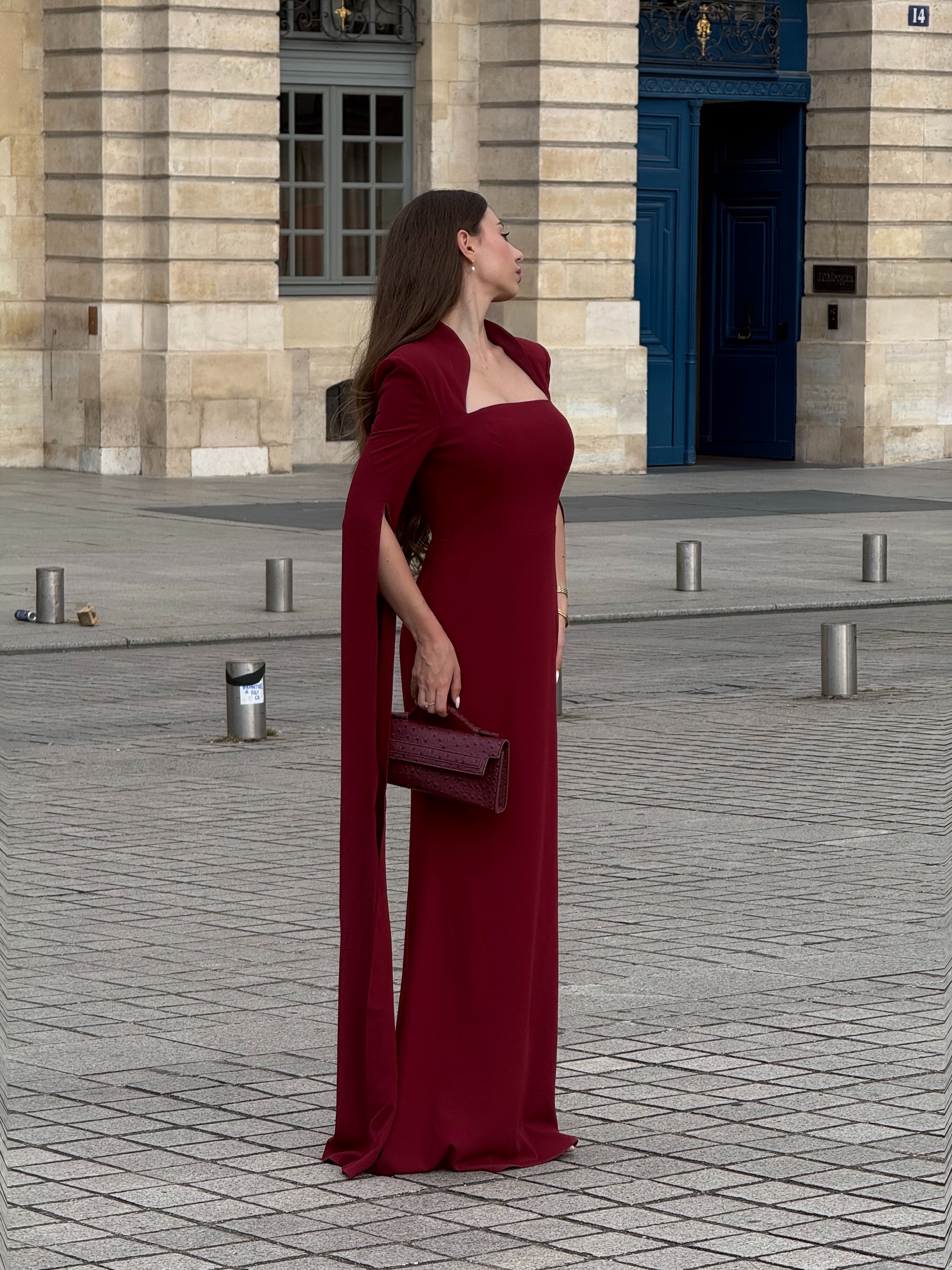 Werko Elegant Tailored Square Neck Cape Sleeve Woven Maxi Dress