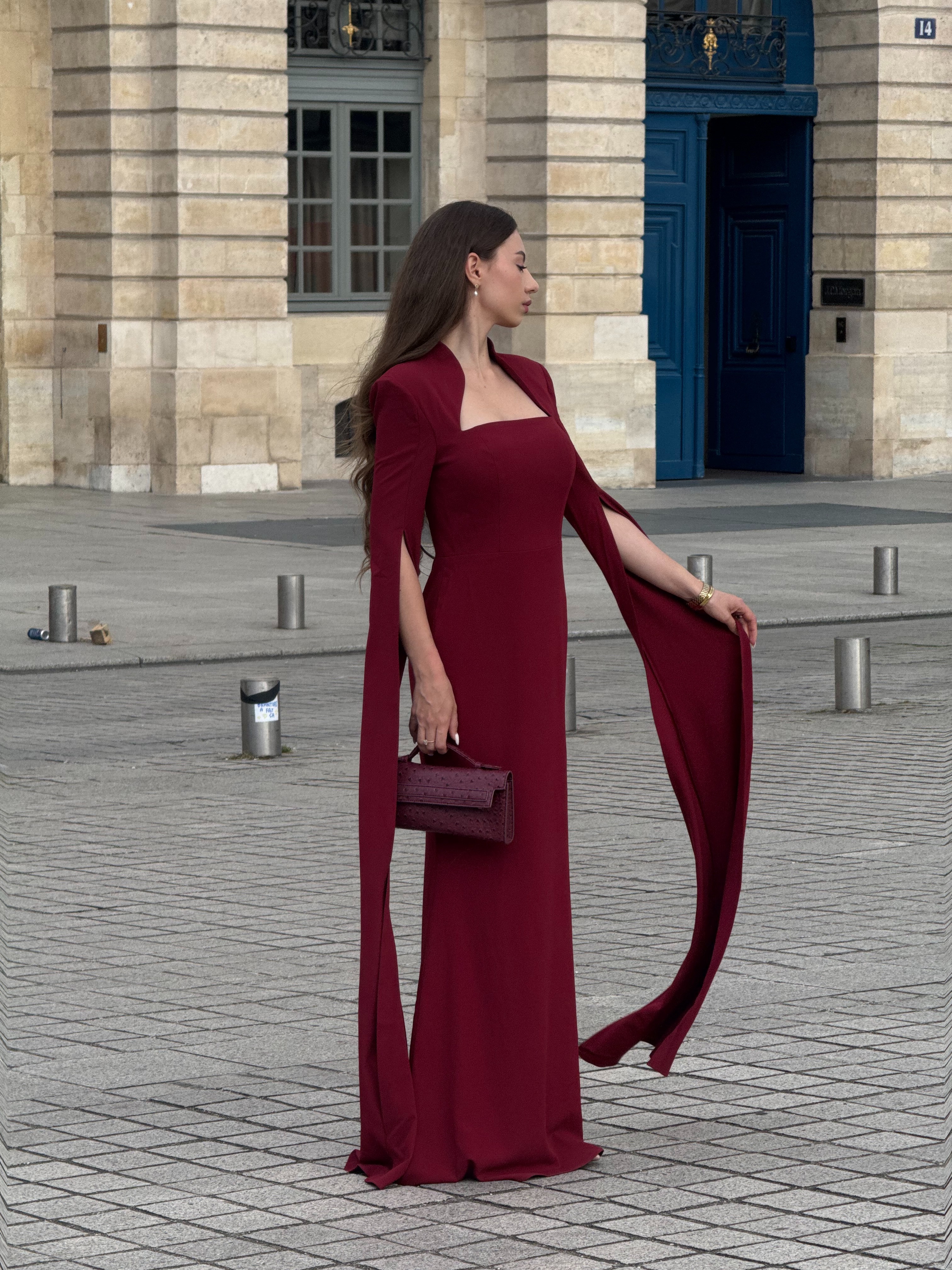 Werko Elegant Tailored Square Neck Cape Sleeve Woven Maxi Dress