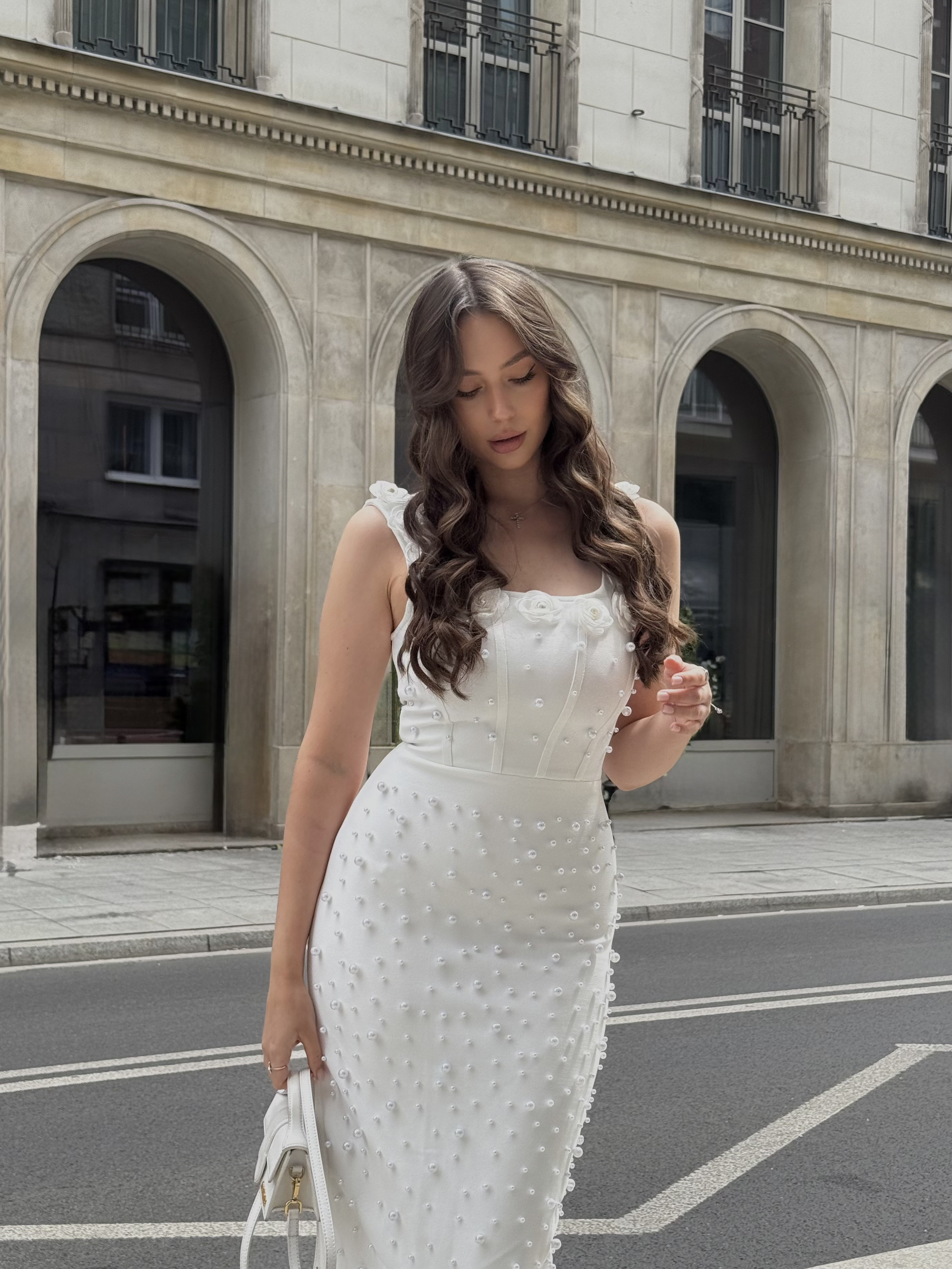 Shea Elegant Contour Square Neck Floral Pearl Bandage Maxi Dress