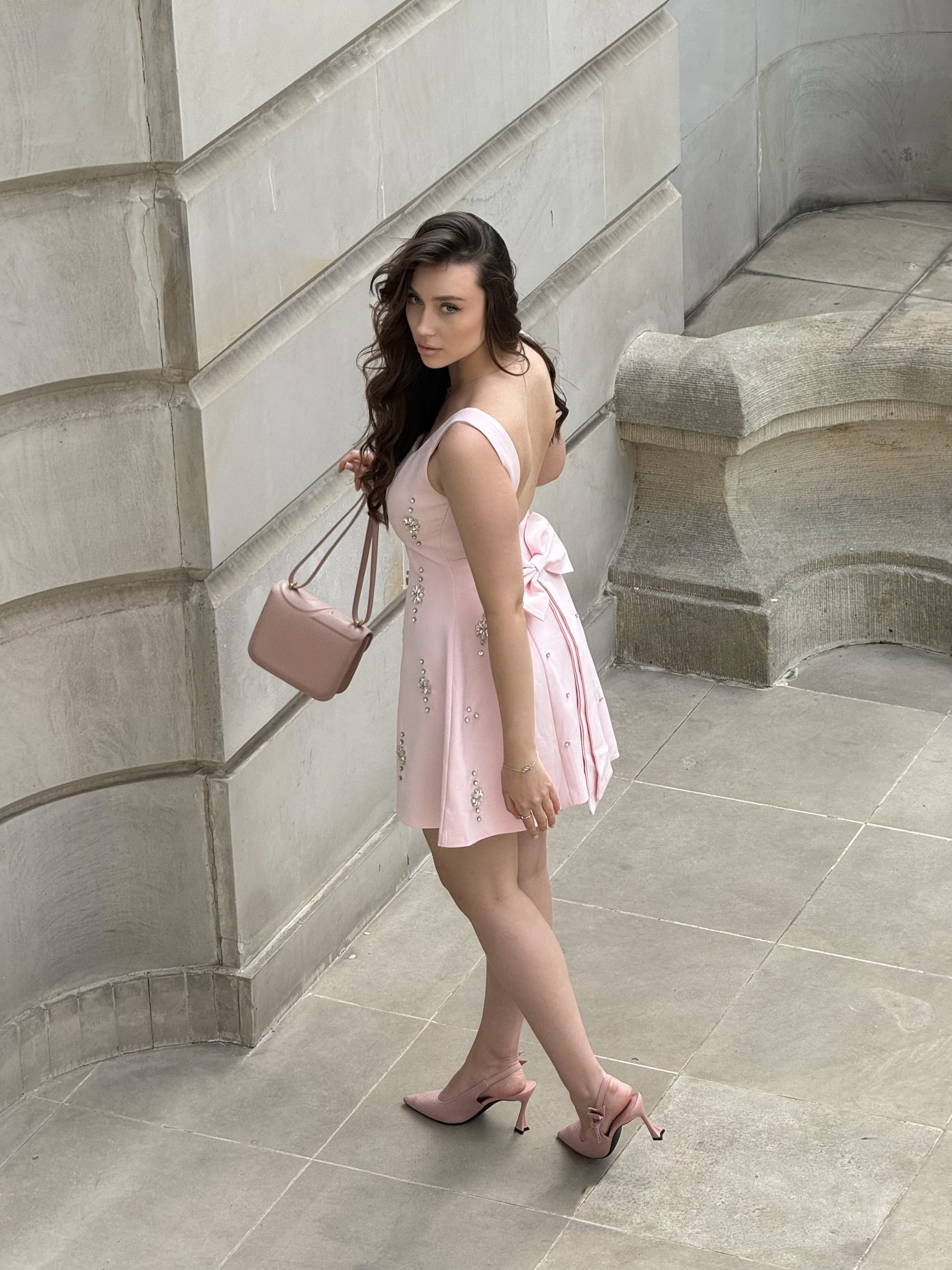 Falisa Classic Tailored Square Neck Rhinestone Woven Mini Dress