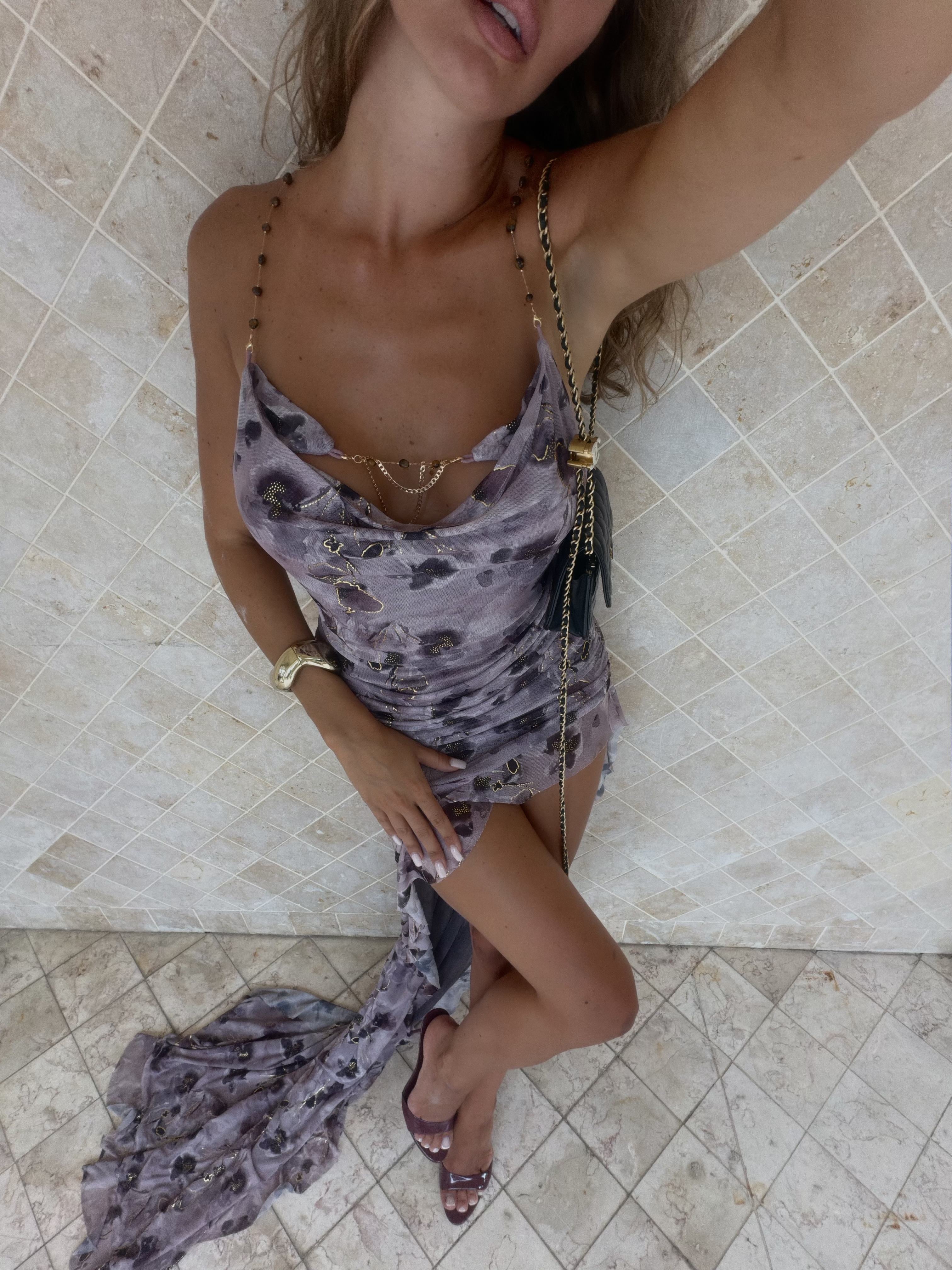 Stacey Sexy Flowy Deep V Print Ruched Maxi Dress
