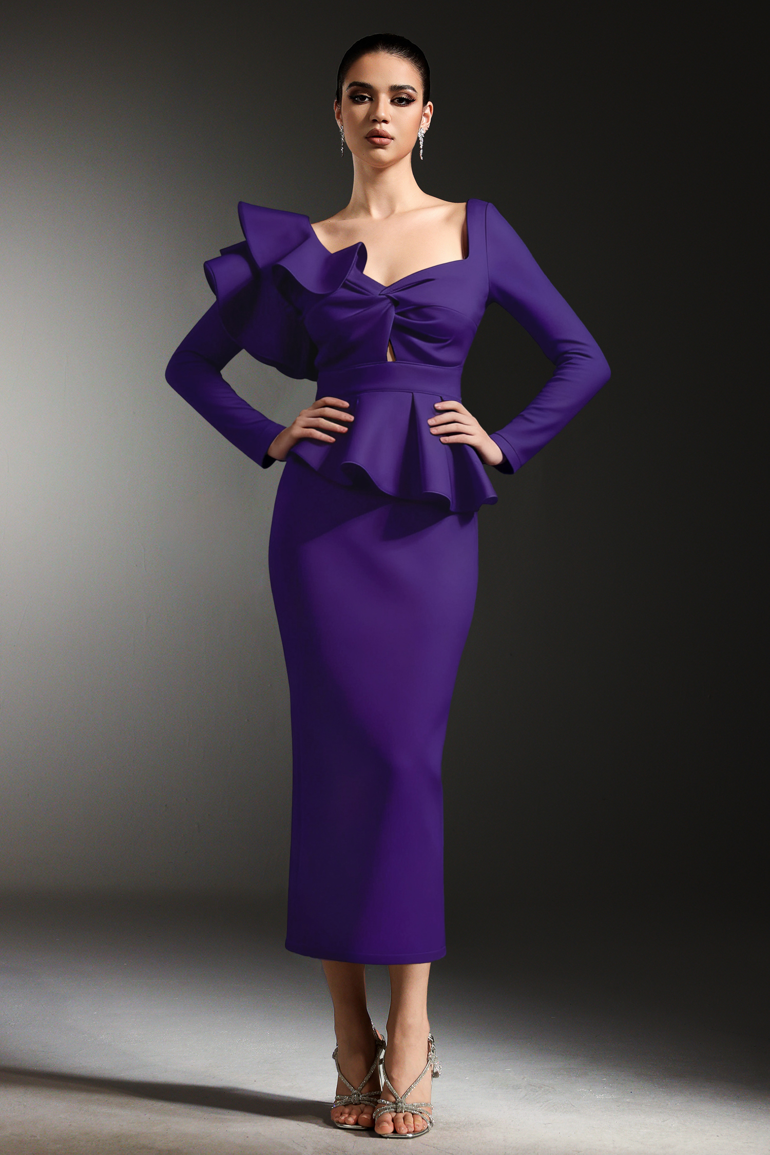 Faray Ruffled Long Sleeves Purple Maxi Dress