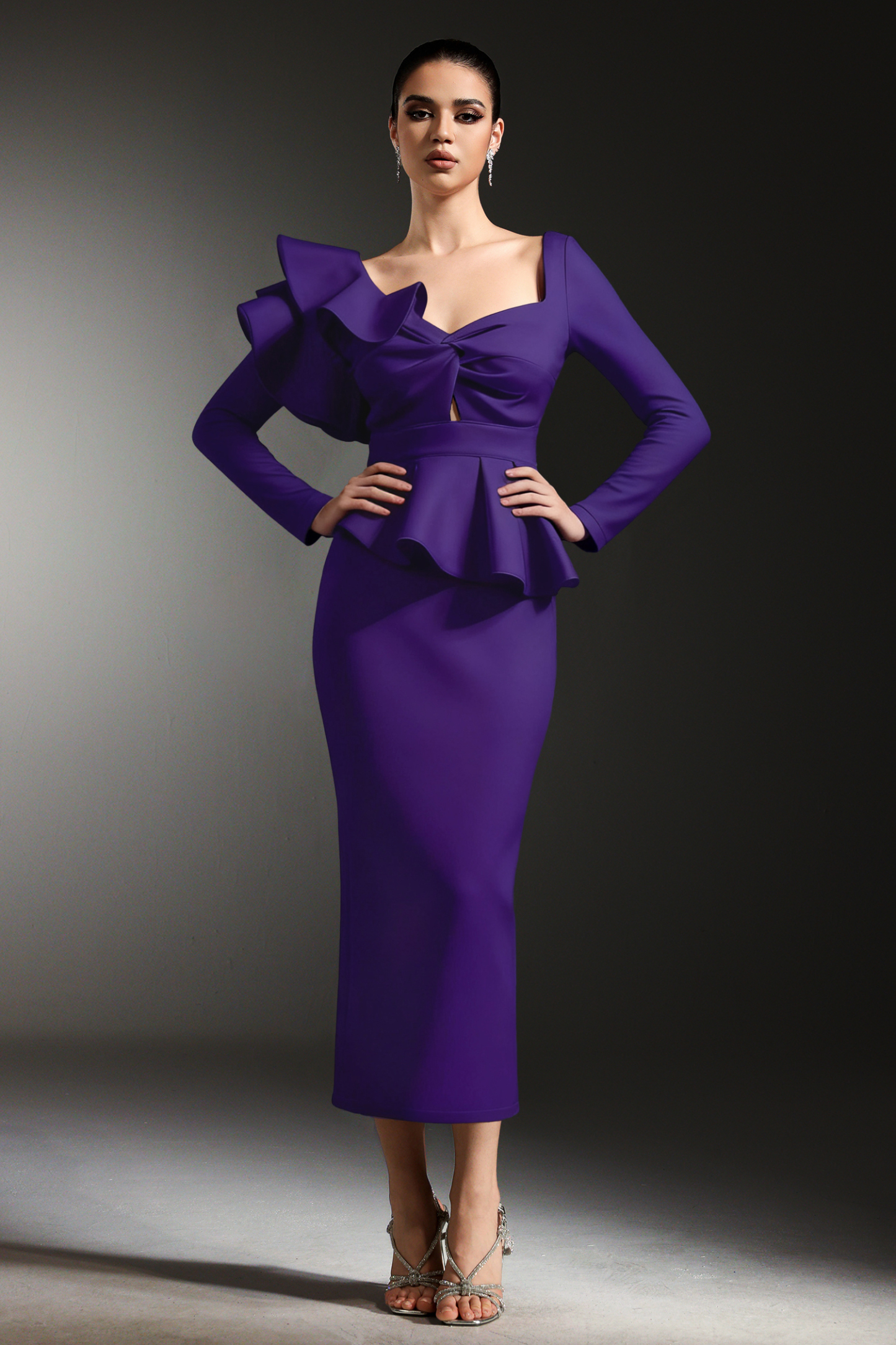 Faray Ruffled Long Sleeves Purple Maxi Dress