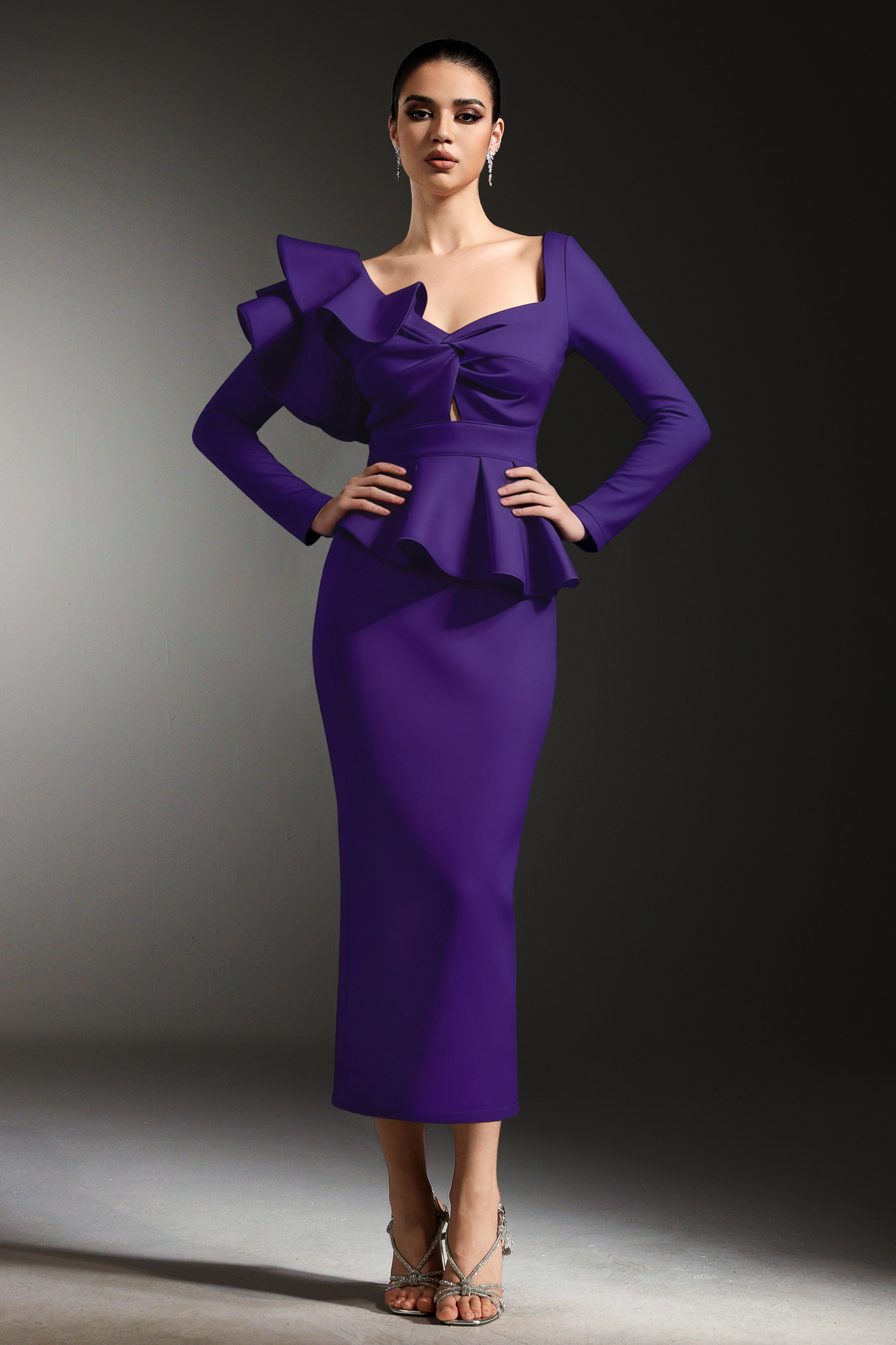 Faray Ruffled Long Sleeves Purple Maxi Dress