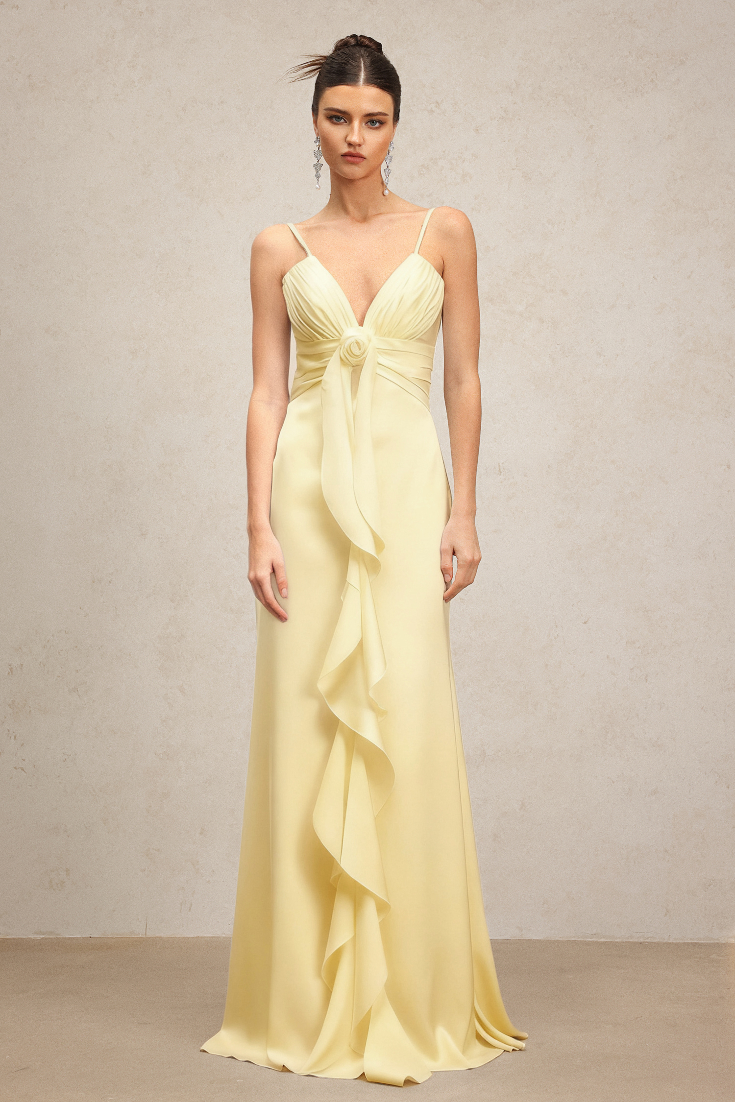 Yvonne Sleeveless V-Neck Flowers Flounce Yellow Maxi Dress