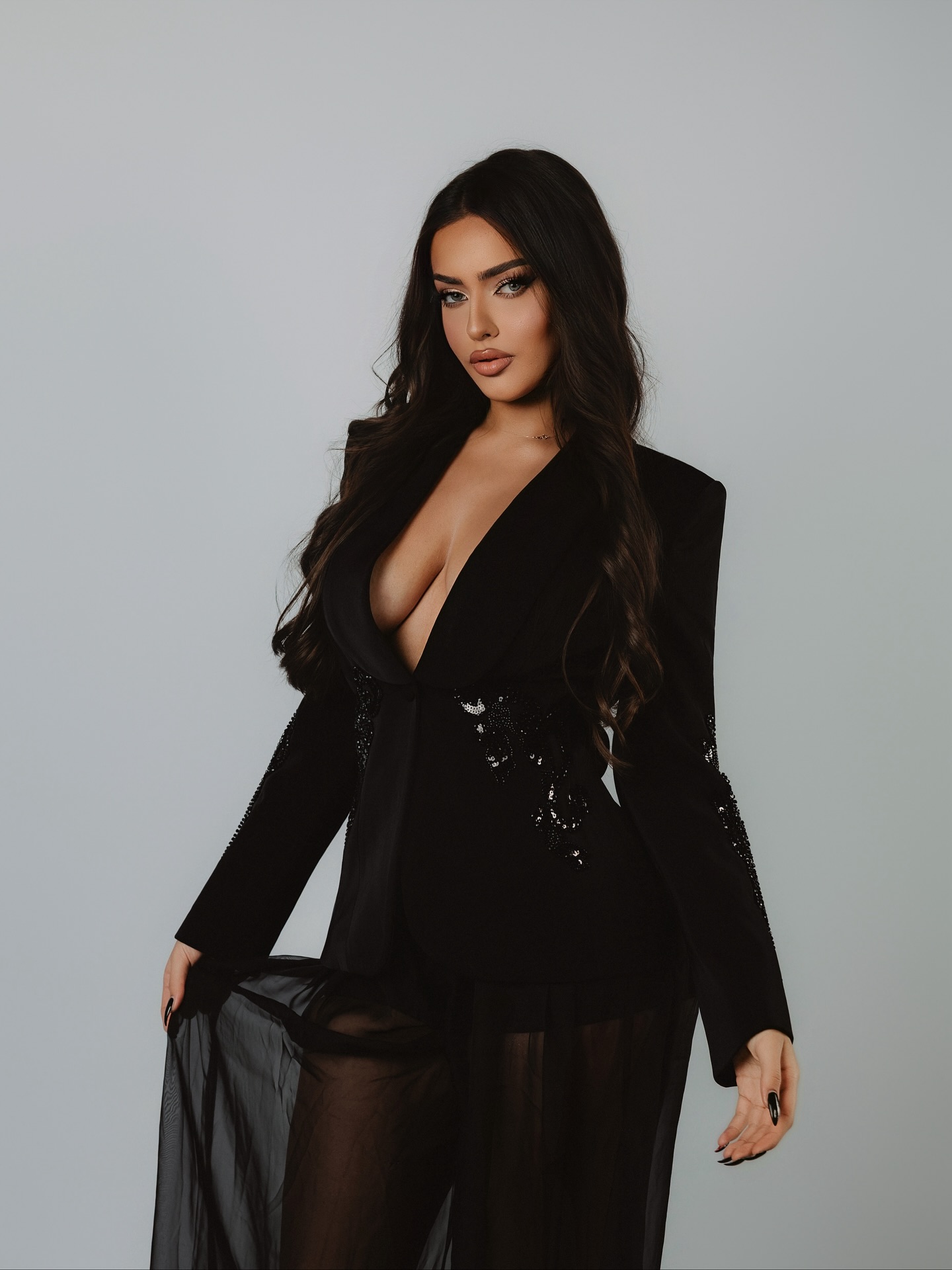 Demri Long Sleeves V-Neck Hollow Out Sequins Maxi Two Piece Set