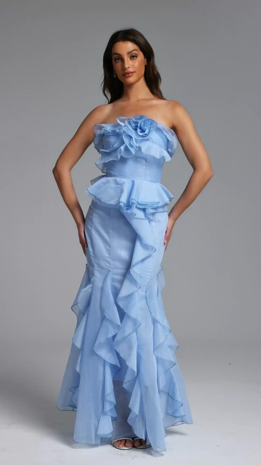 Deirdre Romantic Flowy Strapless Asymmetric Ruffle Floral Maxi Dress