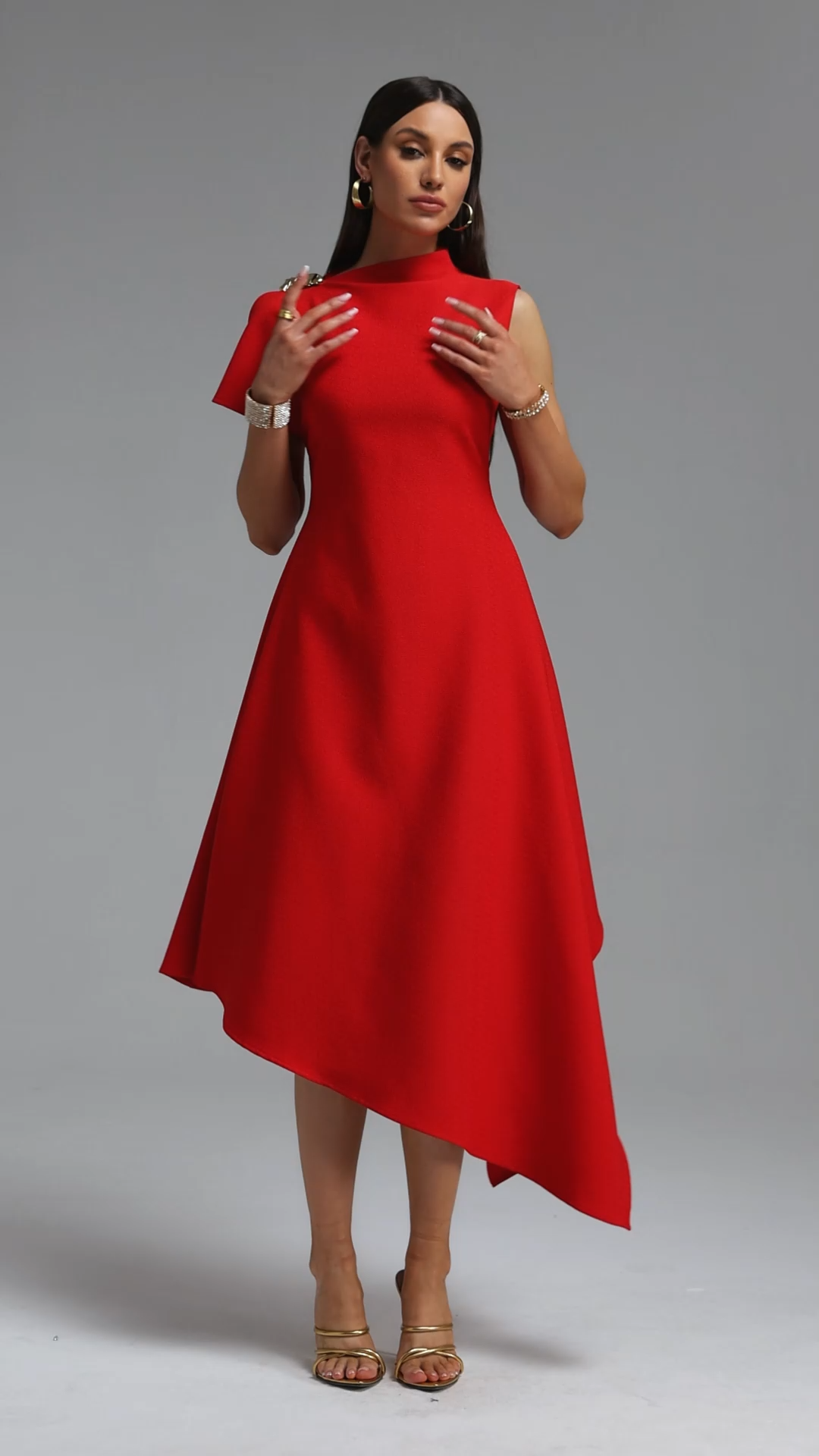 Weren Elegant Contour High Neck Asymmetric Red Maxi Dress