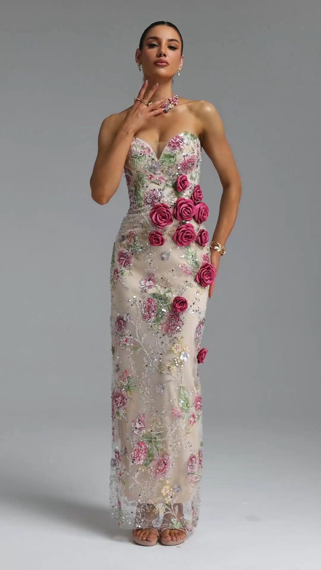 Katrina Elegant Slim Strapless Heart Neck Rose Floral Sequin Sheer Mesh Mermaid Maxi Evening Dress