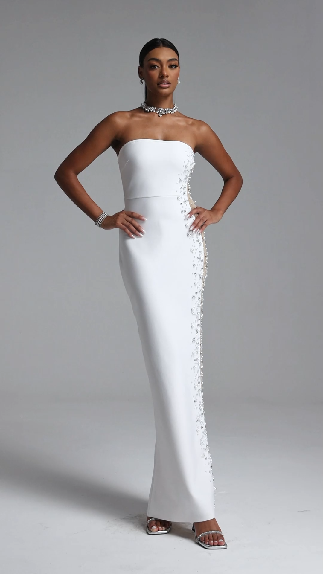Milena Elegant Contour Strapless Pearl Rhinestone Bandage Maxi Dress