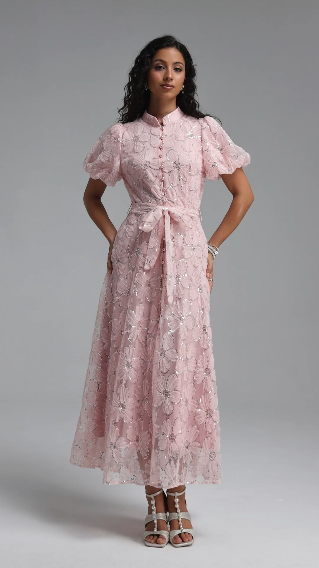 Dorothea Resort Flowy Puff Sleeve Sequin Floral Woven Maxi Dress