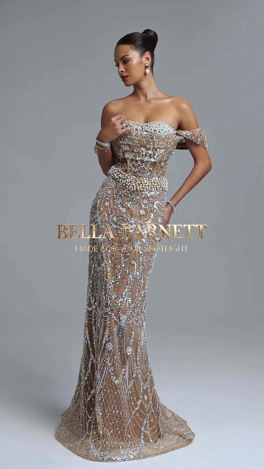 Edan Elegant Contour Off Shoulder Pearl Sequin Maxi Dress