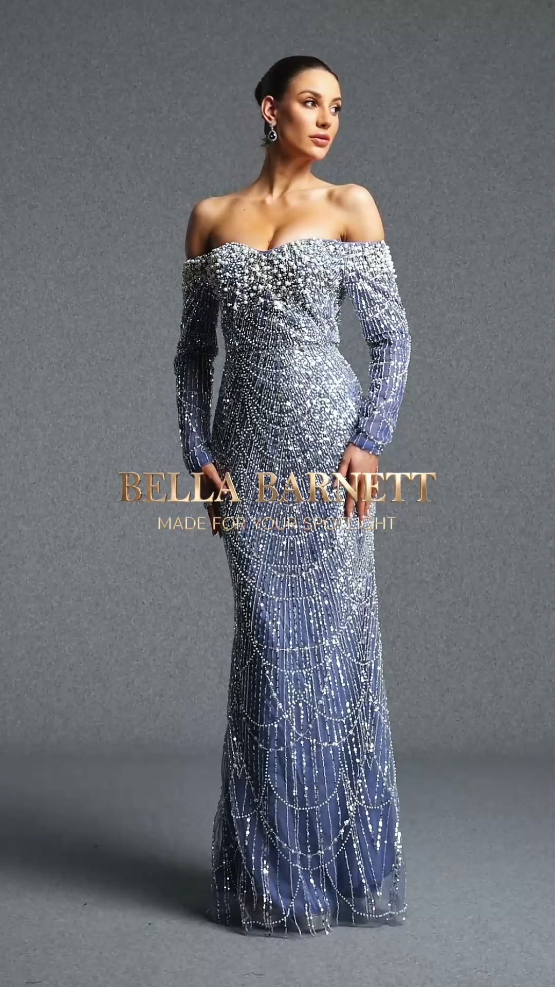 Rizza Elegant Contour Off Shoulder Long Sleeve Pearl Sequined Mesh Maxi Dress