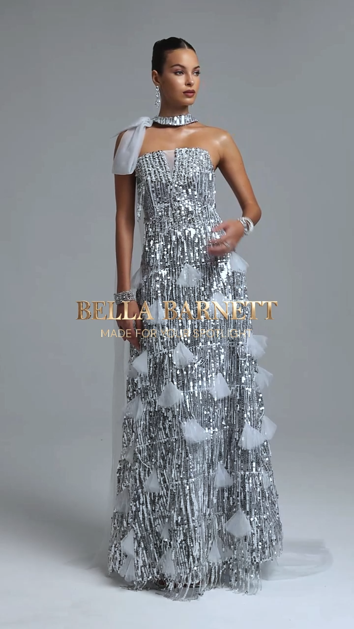 Devere Gorgeous Contour Strapless Sleeveless Sequin Tassel Mesh Maxi Dress