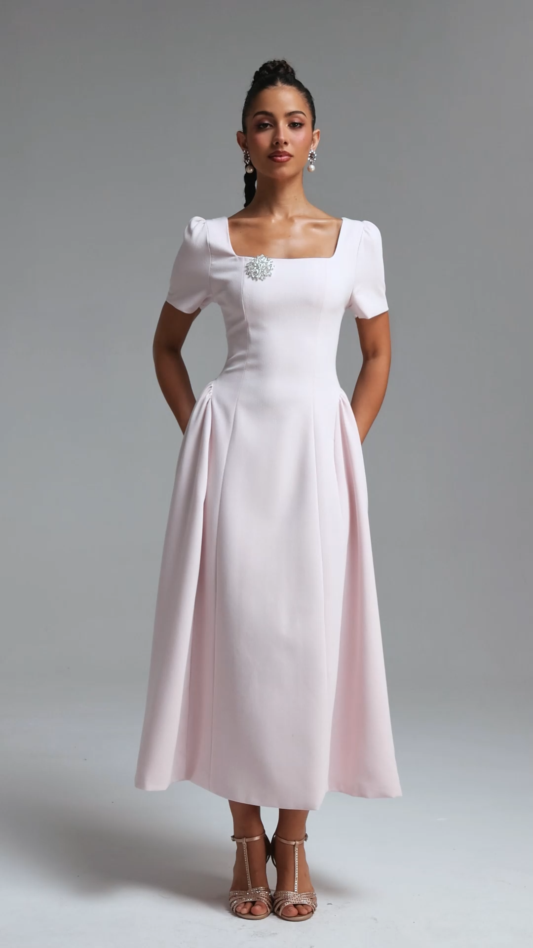 Verza Elegant Tailored Short Sleeve Rhinestone Woven Pink Maxi Dress