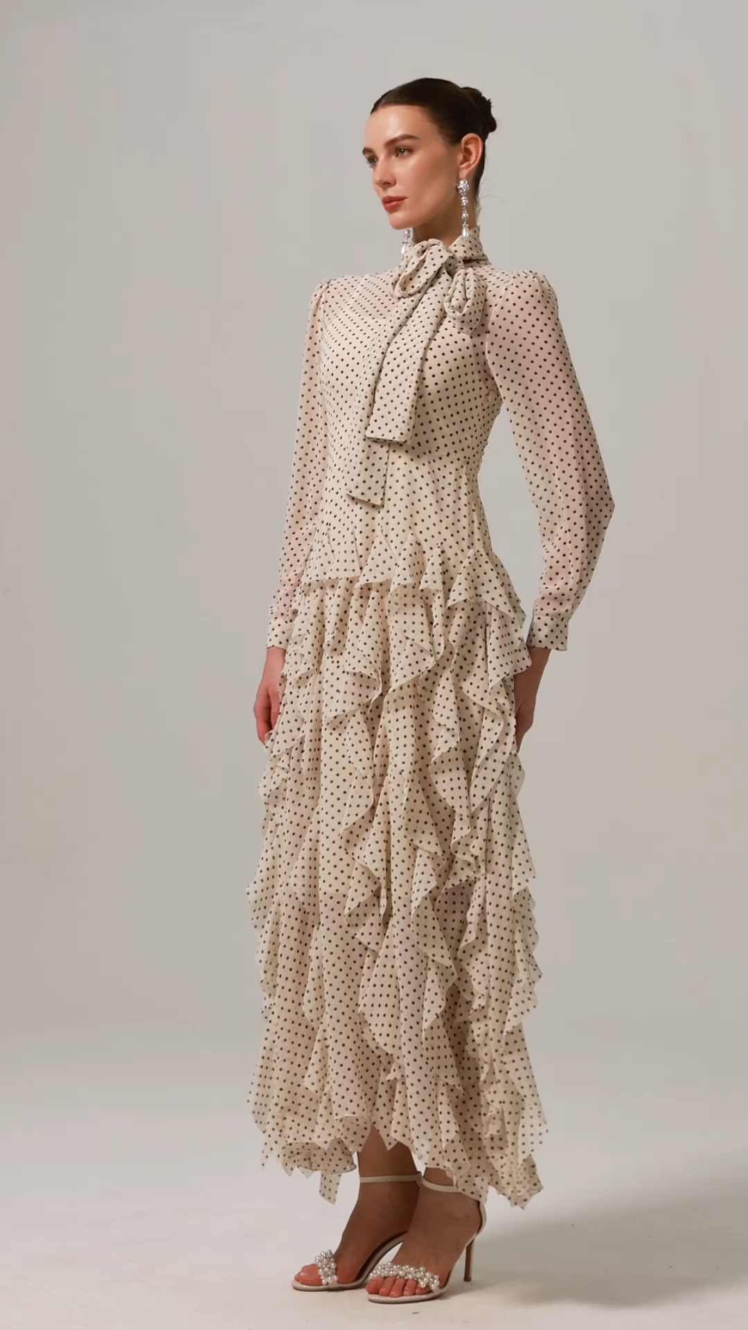 Elaia Dot Printed Long Sleeve Folds Maxi Dress